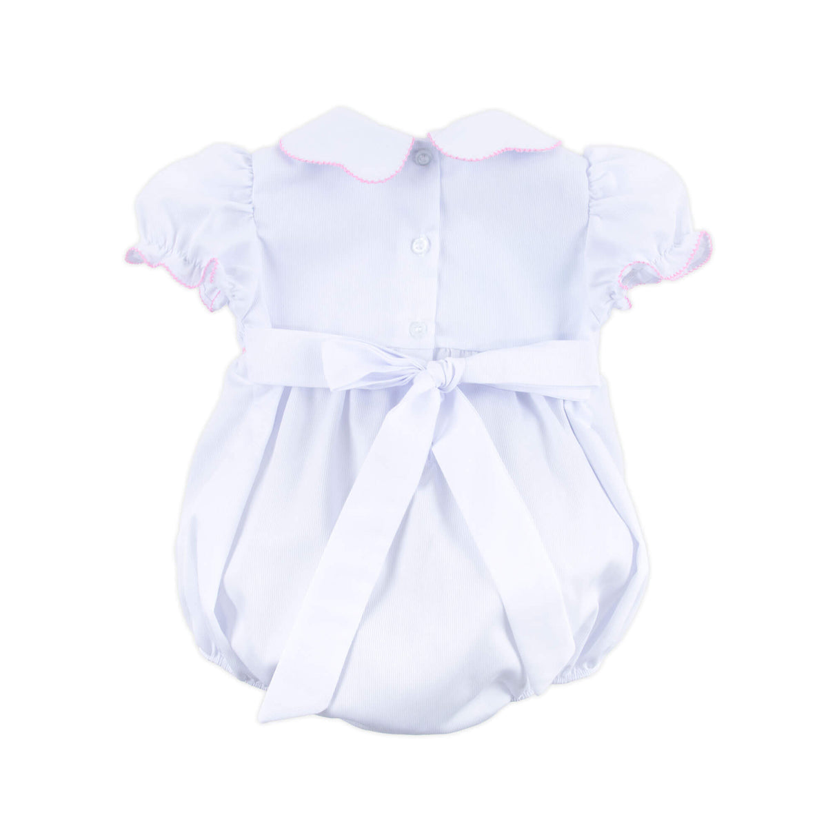 Pink Cross Smocked White Pique Collared Bubble