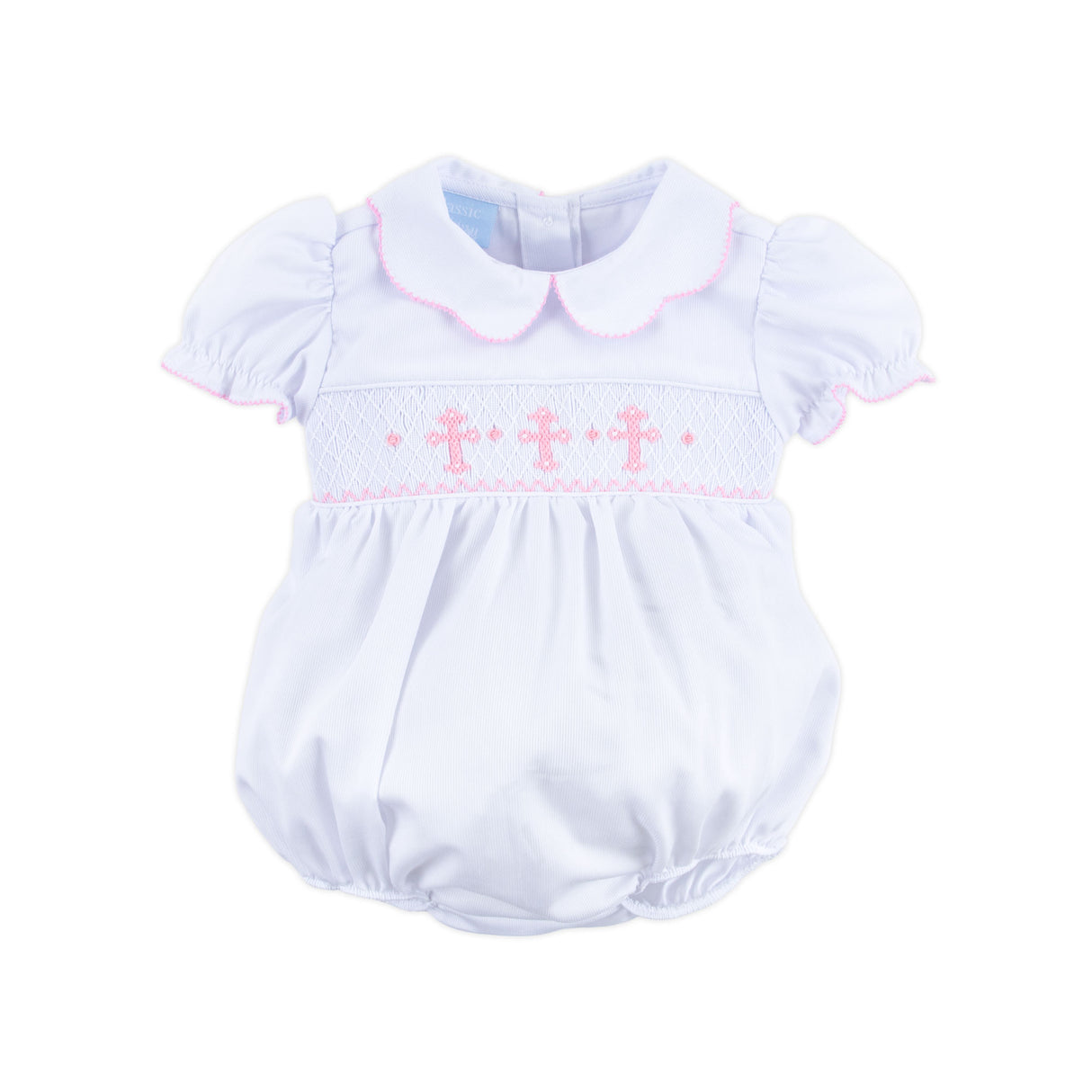 Pink Cross Smocked White Pique Collared Bubble