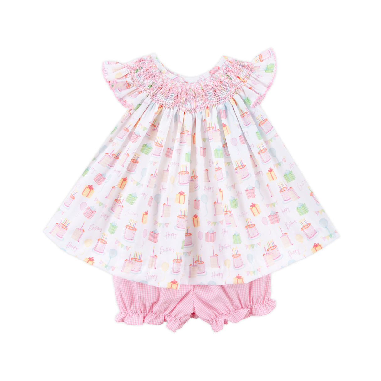 Birthday Party Smocked Angel Sleeve Bloomer Set