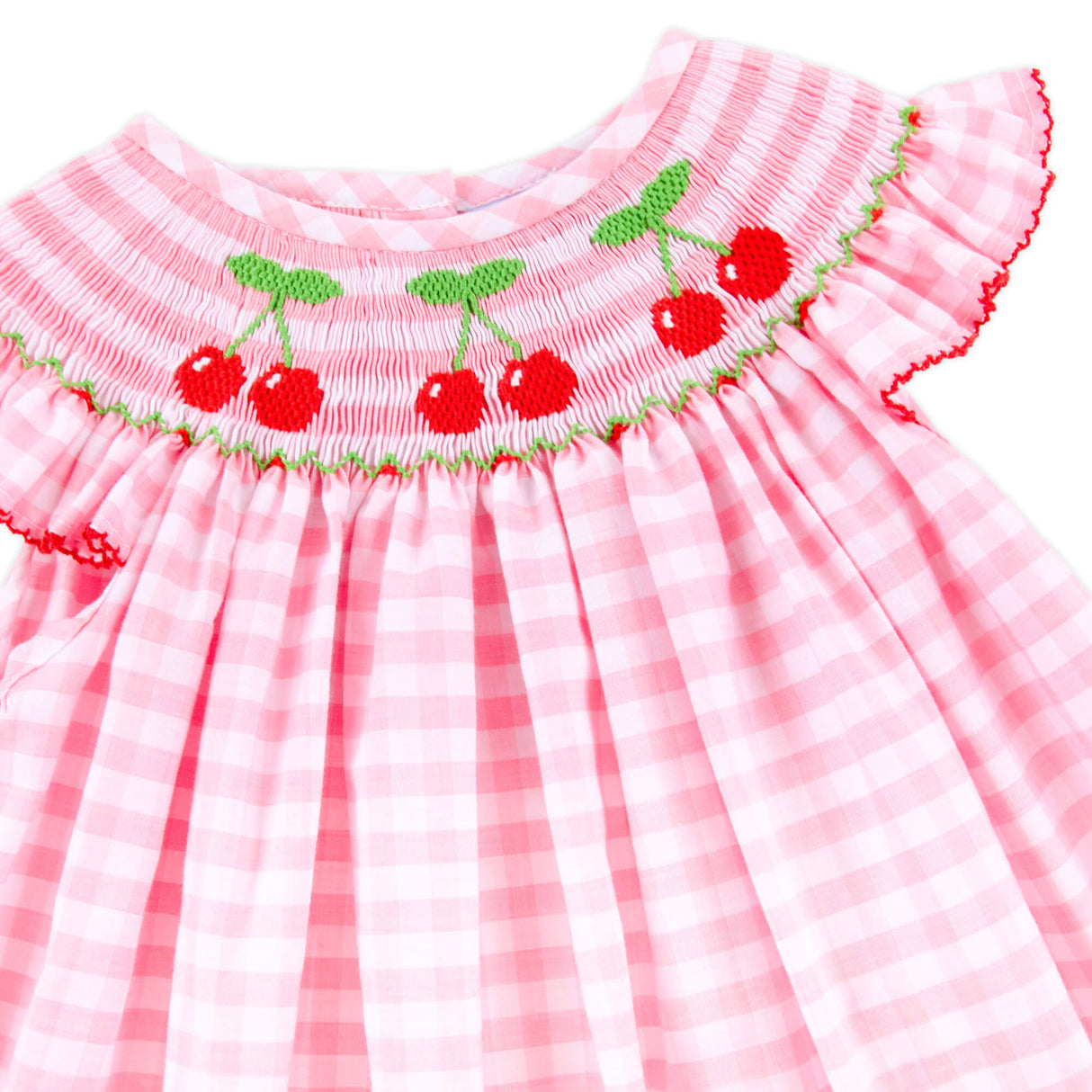 Cherry Smocked Pink Gingham Angel Sleeve Bubble