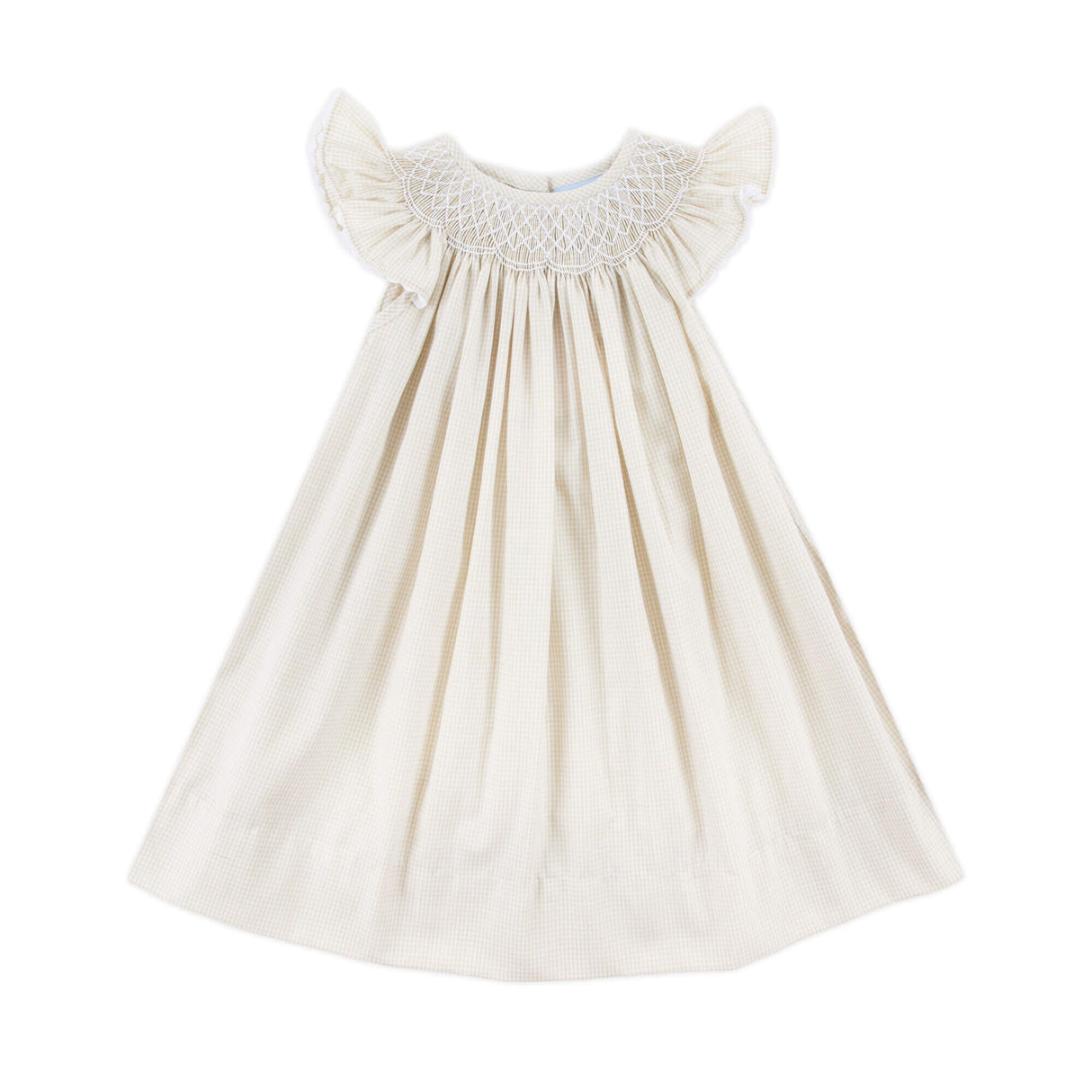 Geo Smocked Tan Gingham Angel Sleeve Dress