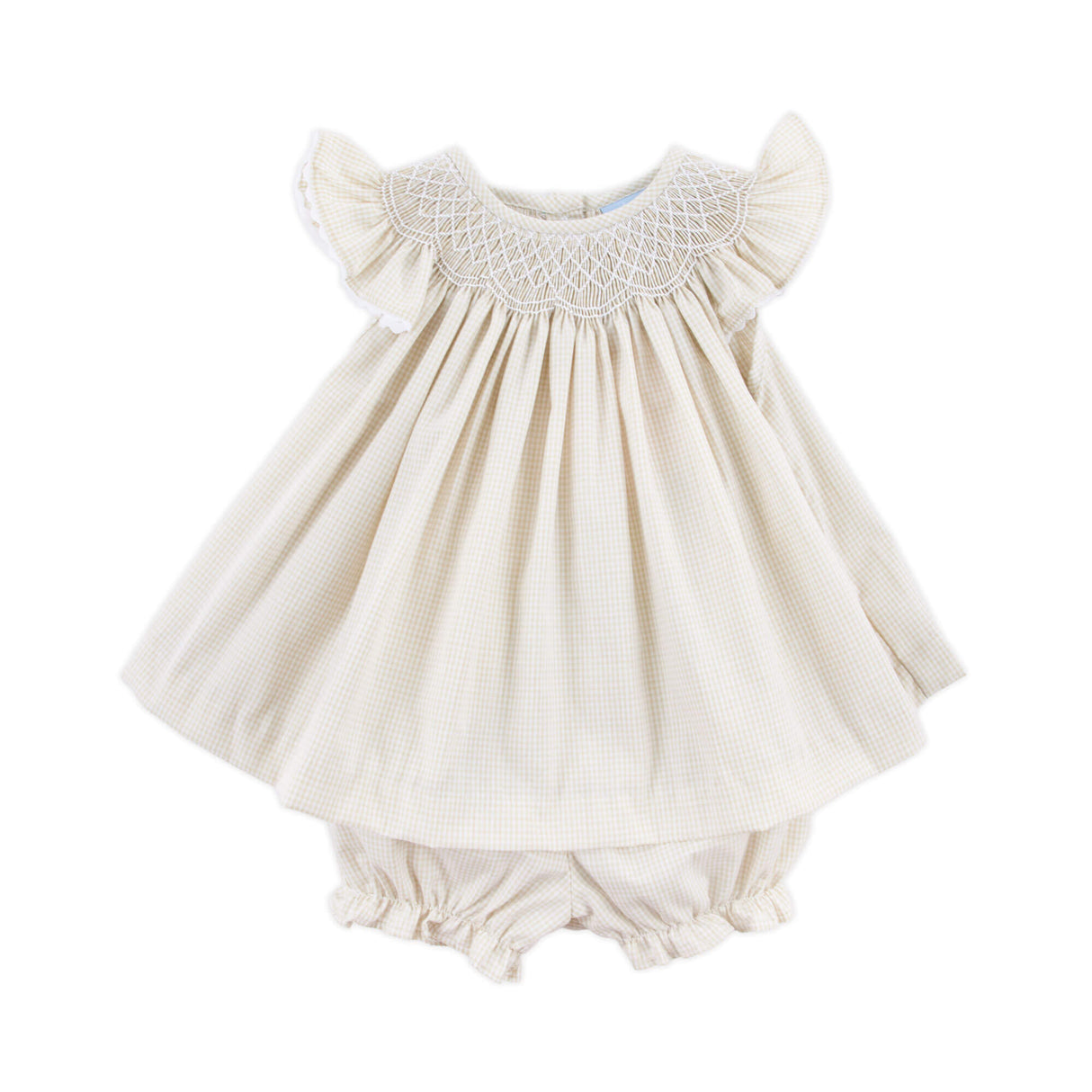 Geo Smocked Tan Gingham Angel Sleeve Bloomer Set