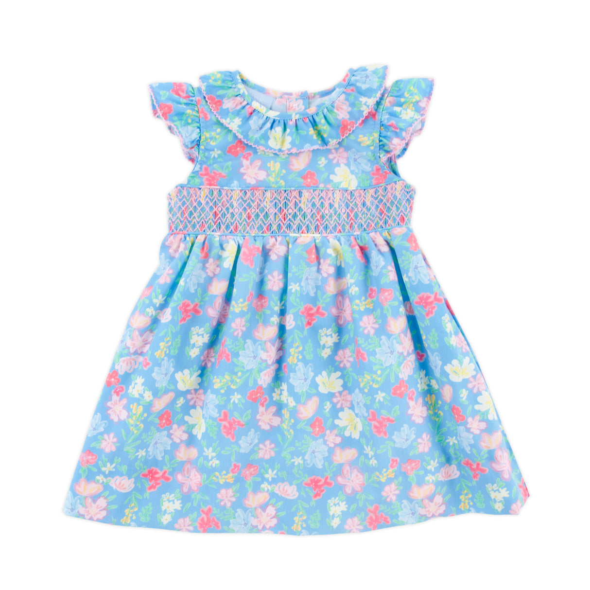 Evergrace Floral Blue Smocked Ruffle Collared Dress