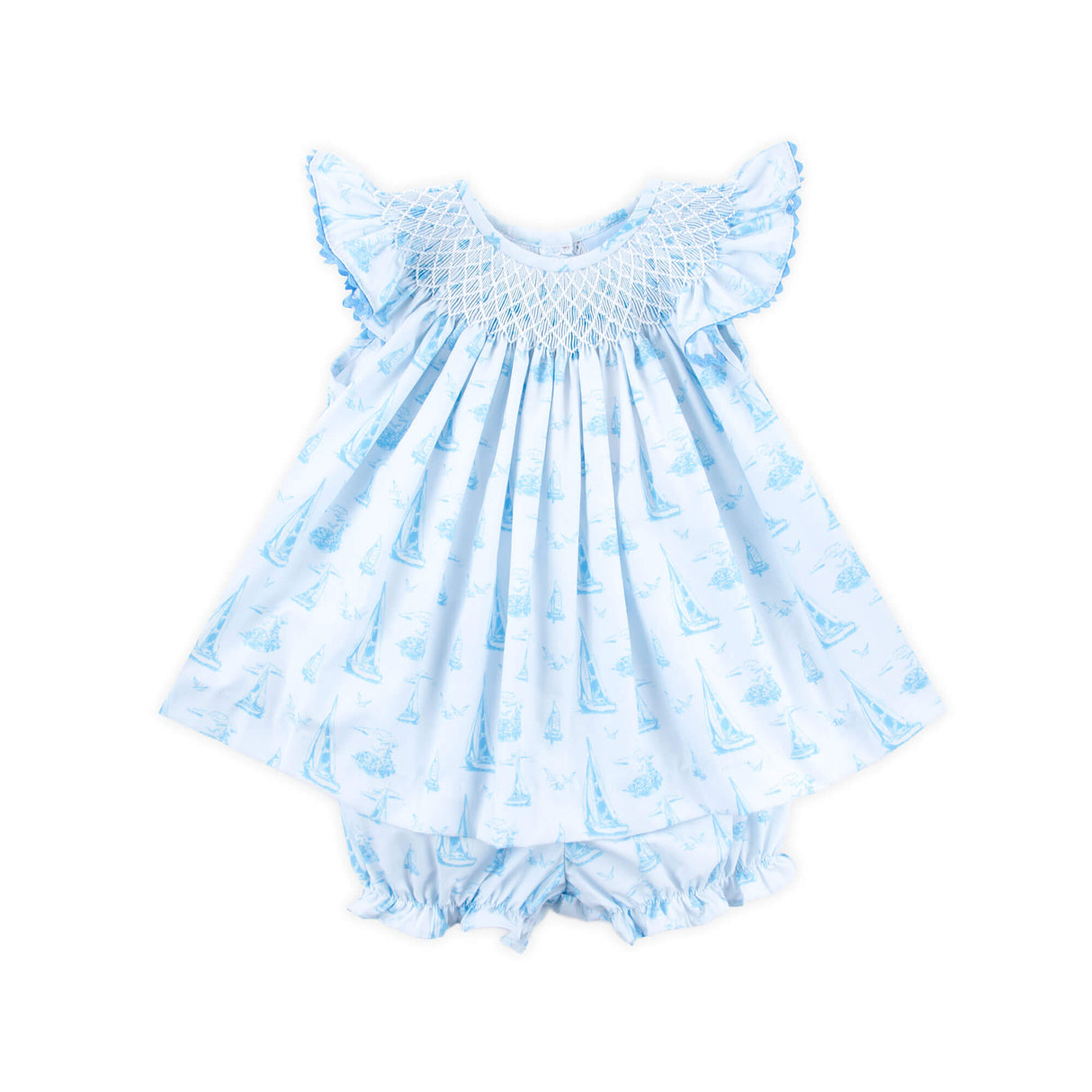 Nautical Blue Sailboat Smocked Angel Sleeve Bloomer Set