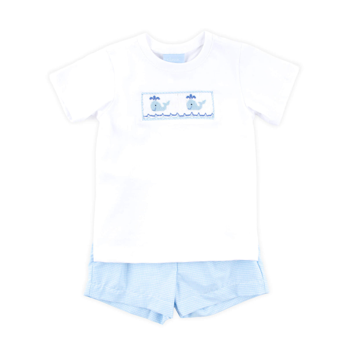 Happy Whale Blue Windowpane Smocked Short Set