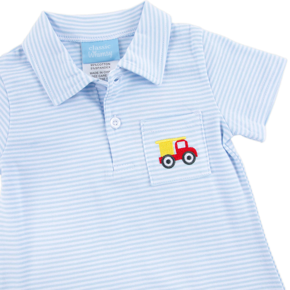 Dump Truck Light Blue Stripe Pocket Polo Romper