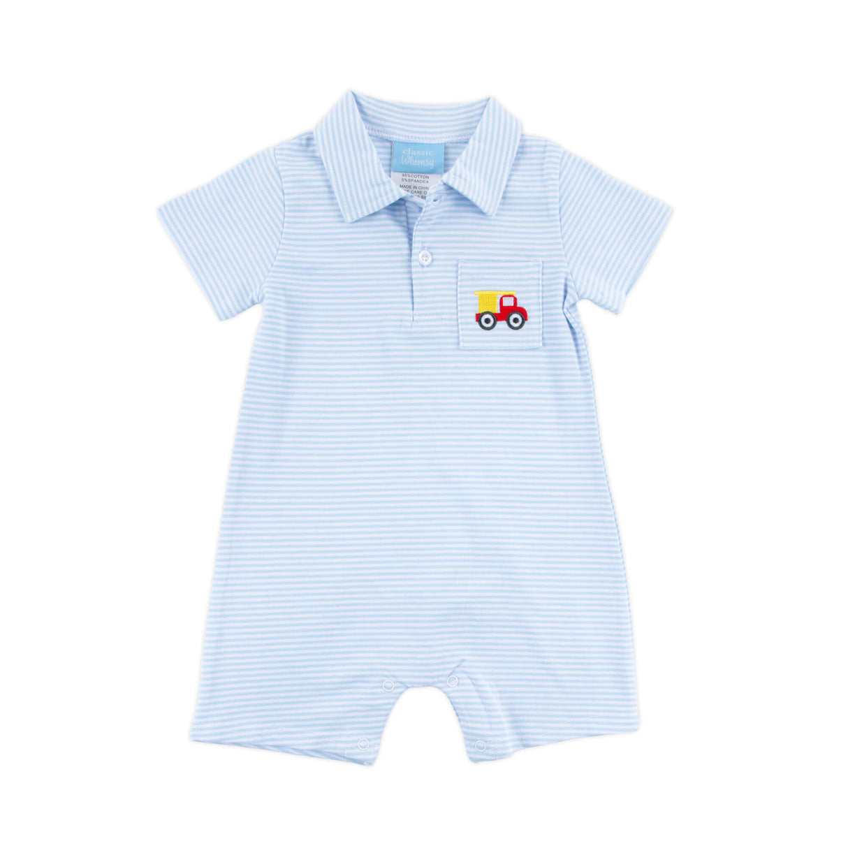 Dump Truck Light Blue Stripe Polo Romper