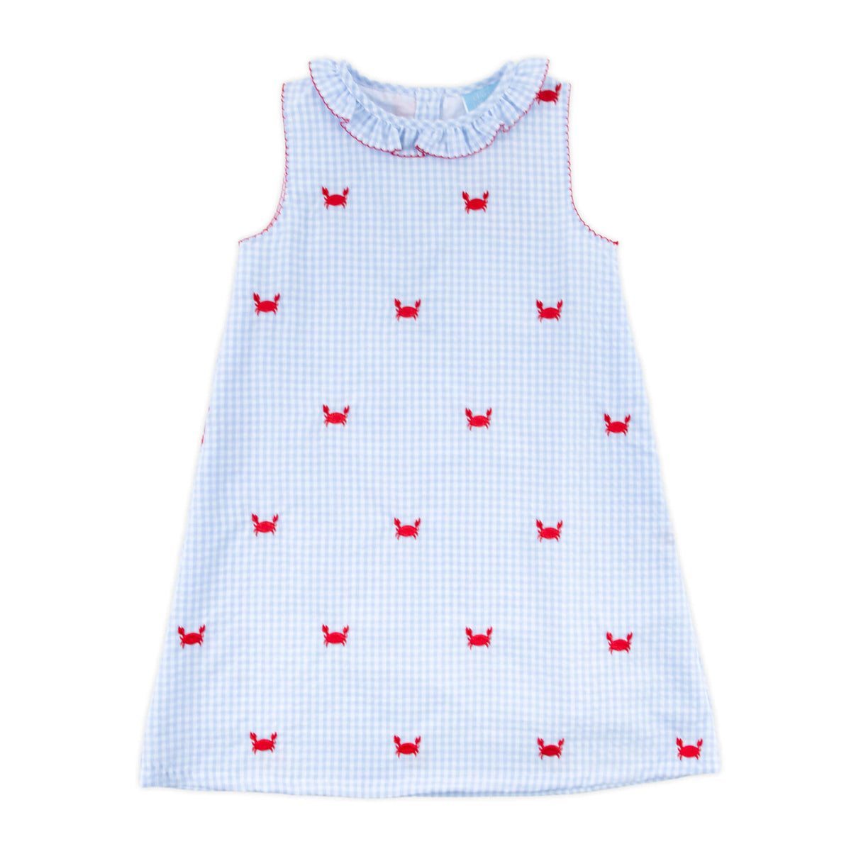 Crab Schiffli Blue Gingham Ruffle Collared Dress