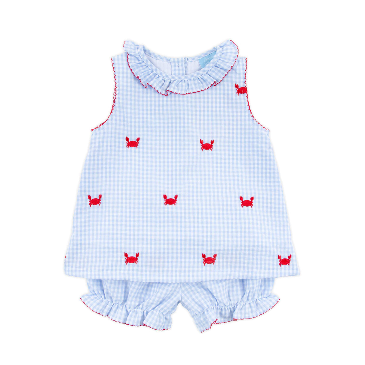 Crab Schiffli Blue Gingham Ruffle Collared Bloomer Set