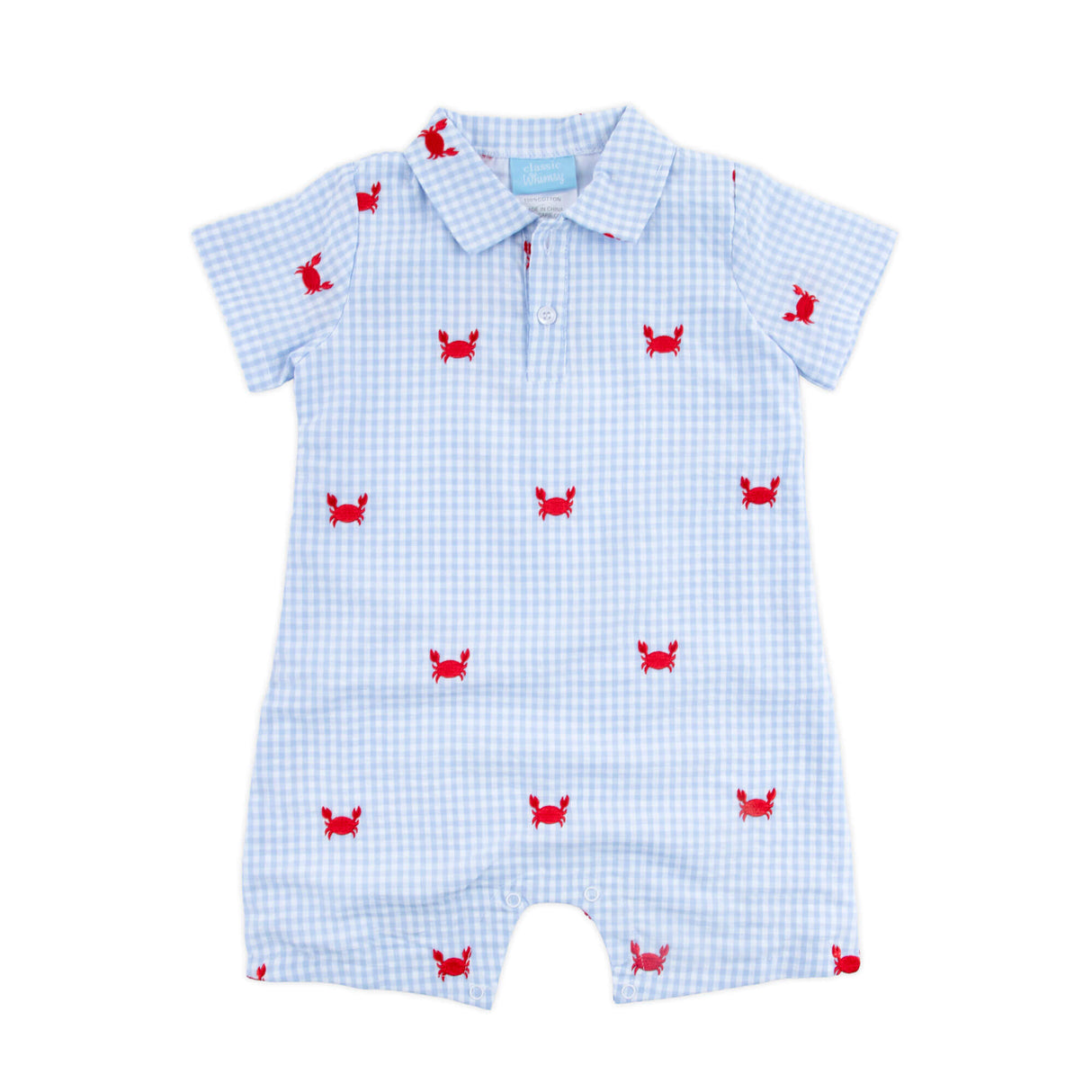 Crab Schiffli Blue Gingham Polo Romper