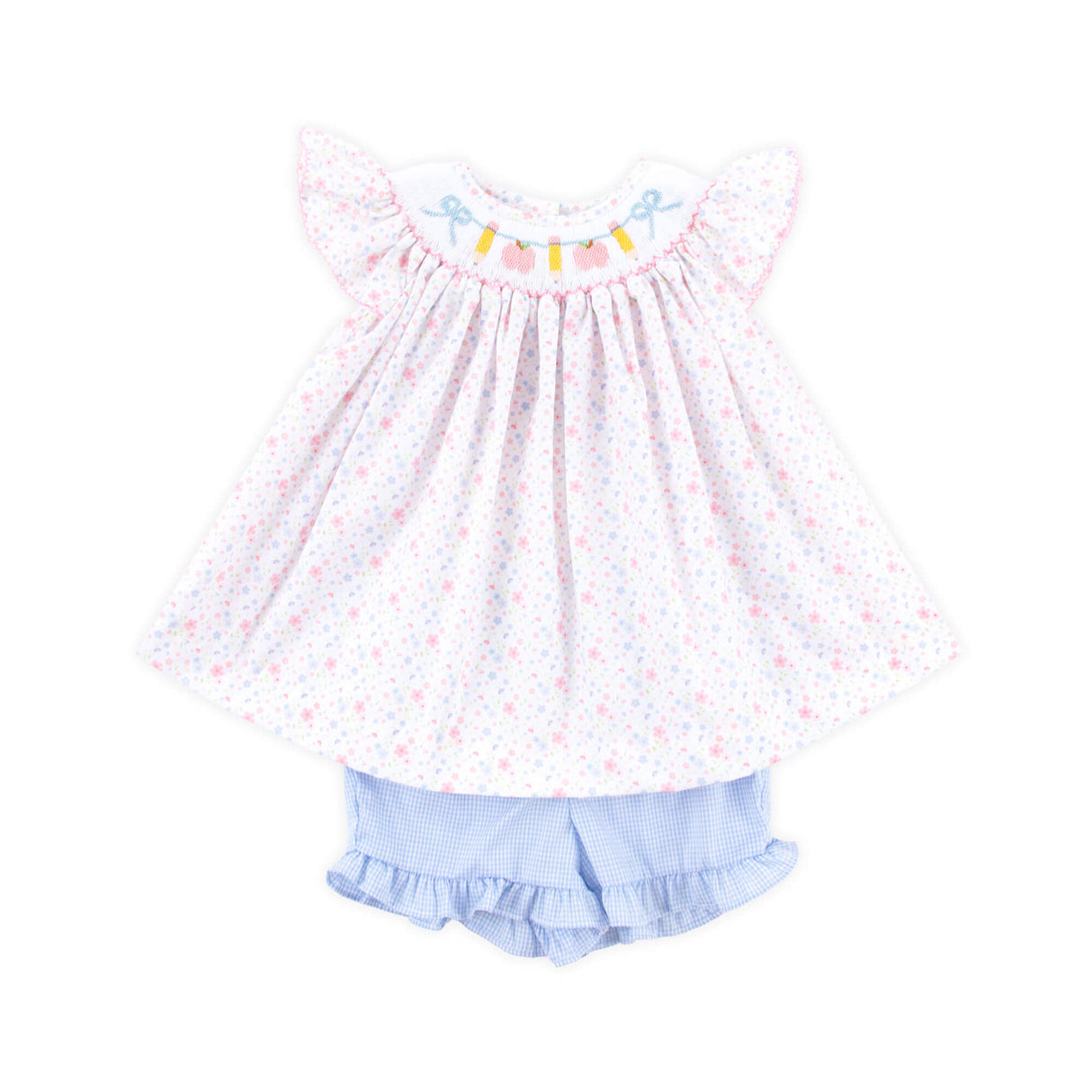 Pink Apple & Pencil Floral Smocked Short Set