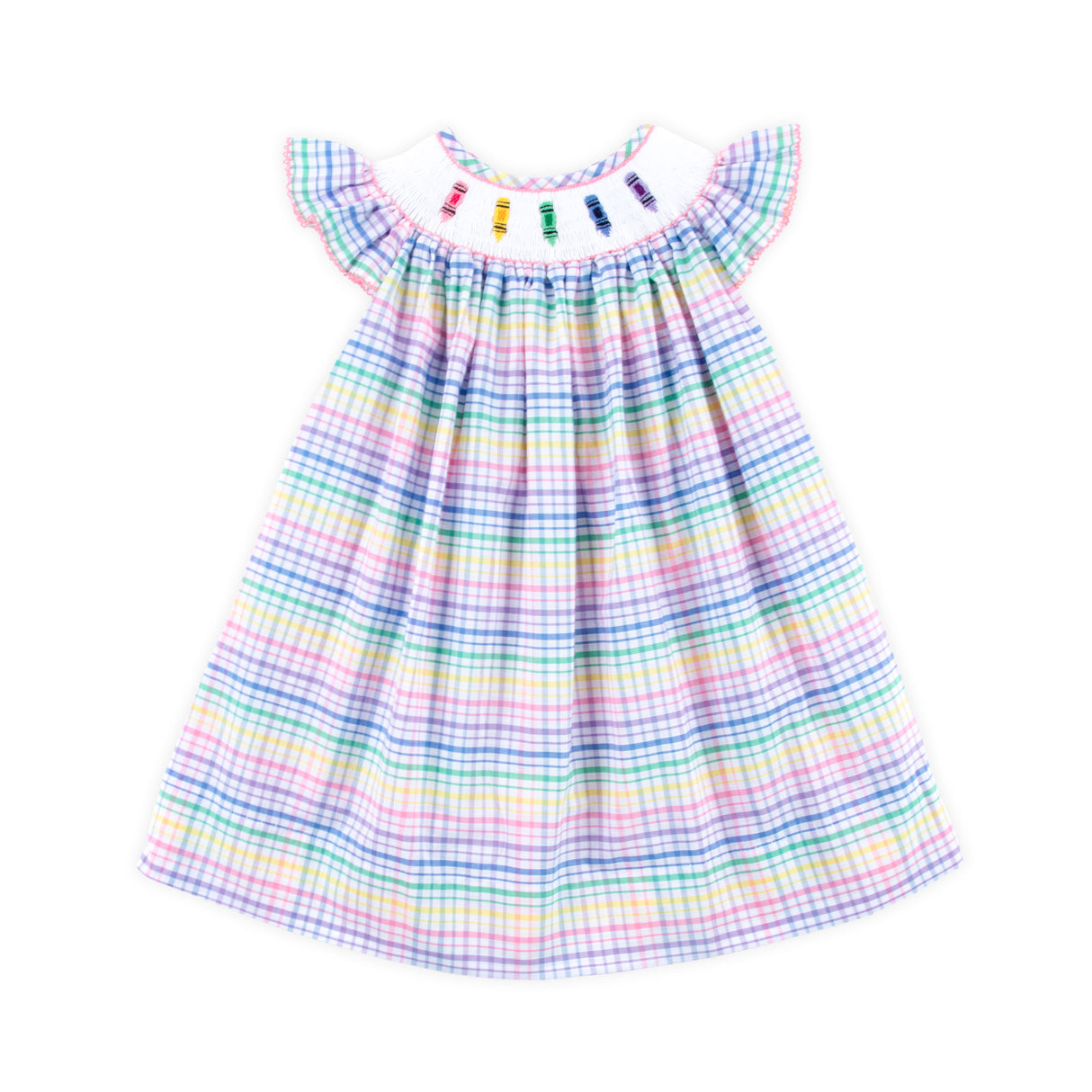 Crayon Smocked Colorful Plaid Angel Sleeve Dress
