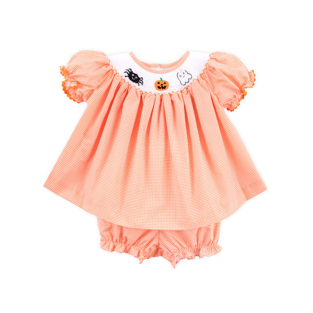 Scary Smocked Orange Gingham Bishop Bloomer Set