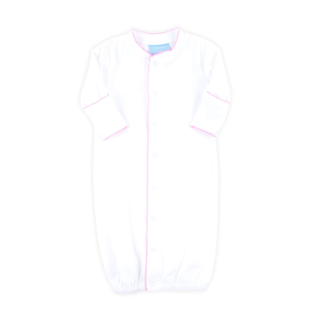 White Layette Gown with Pink Trim
