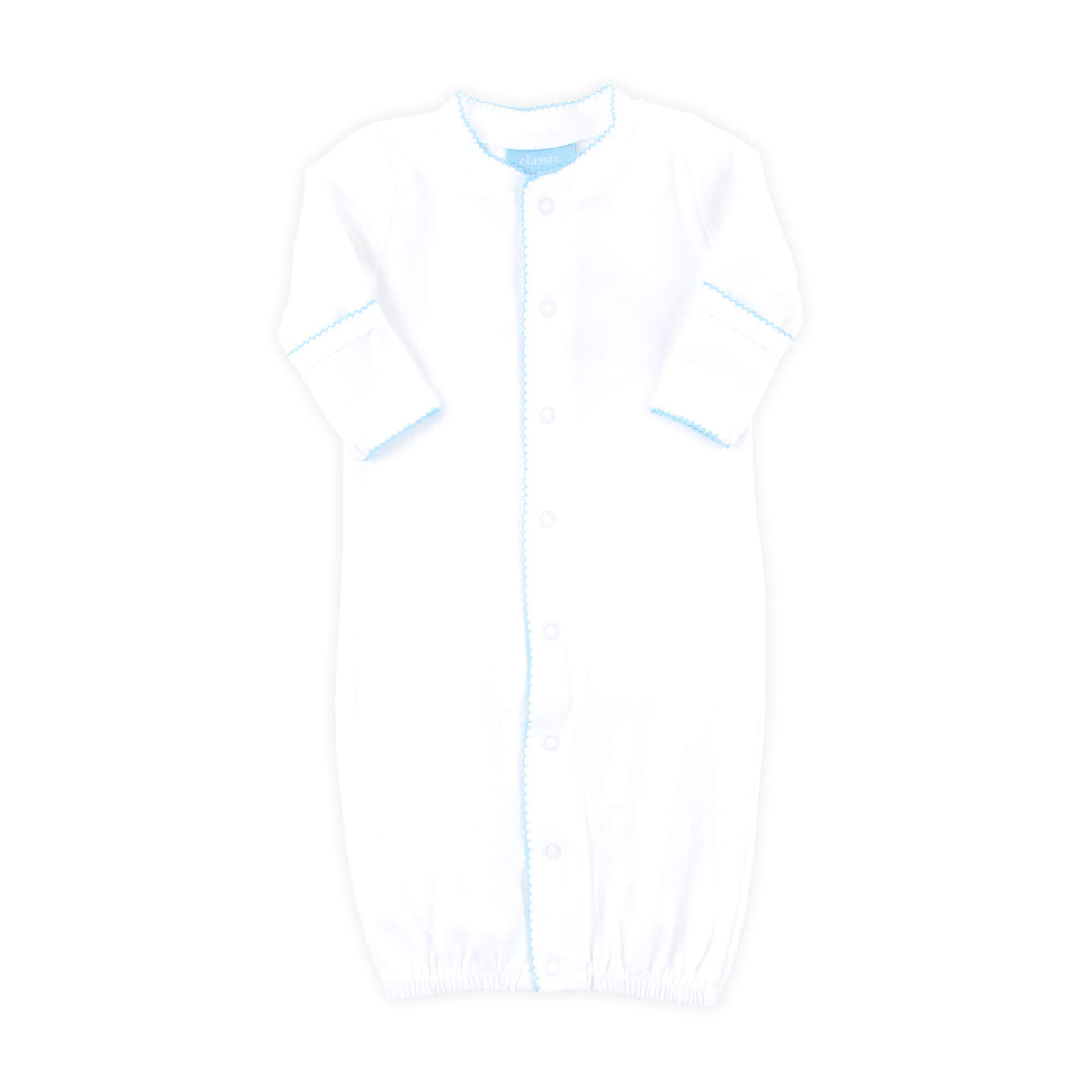 White Layette Gown with Blue Trim