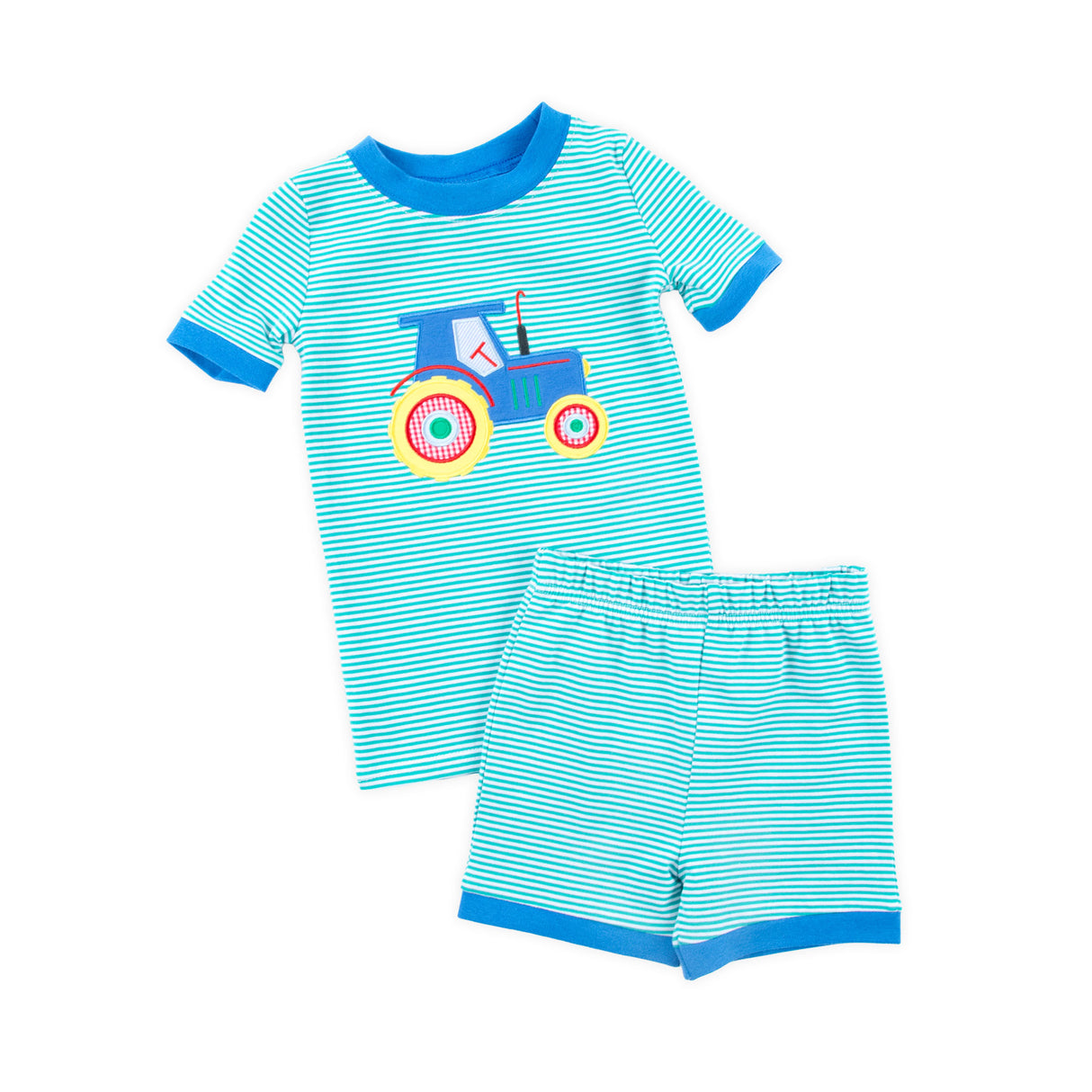 Tractor Applique Green Stripe Short Pajamas