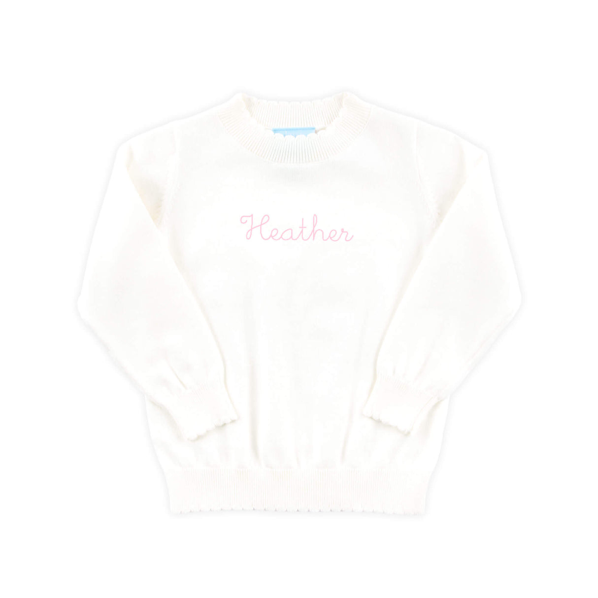 White Scalloped Crew Neck Sweater