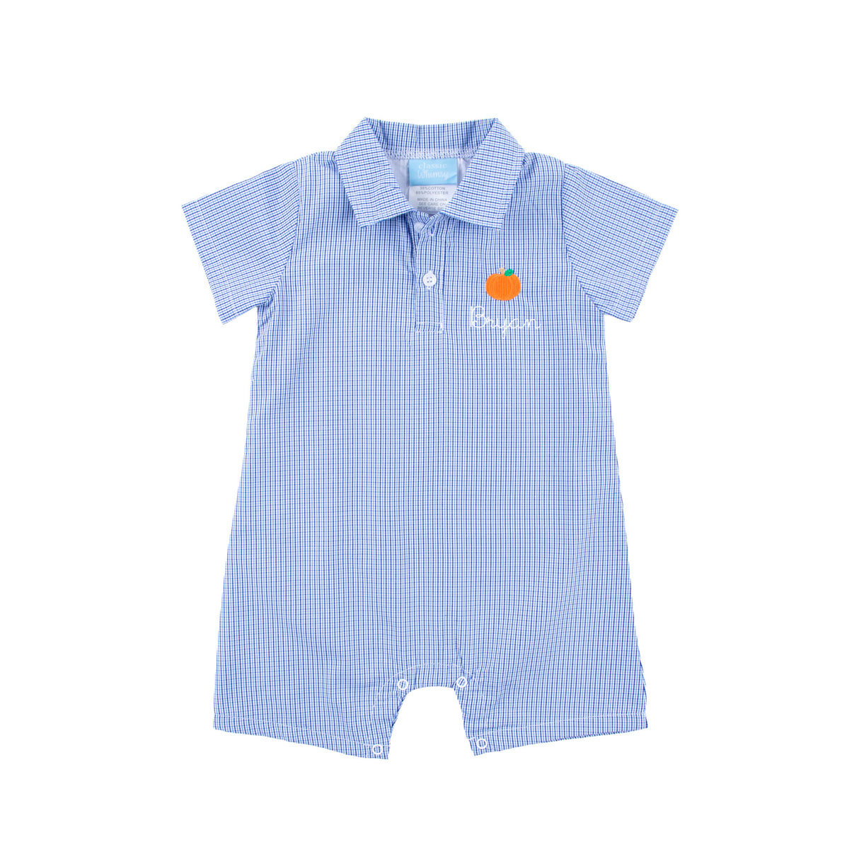 Pumpkin Blue Micro Plaid Polo Romper
