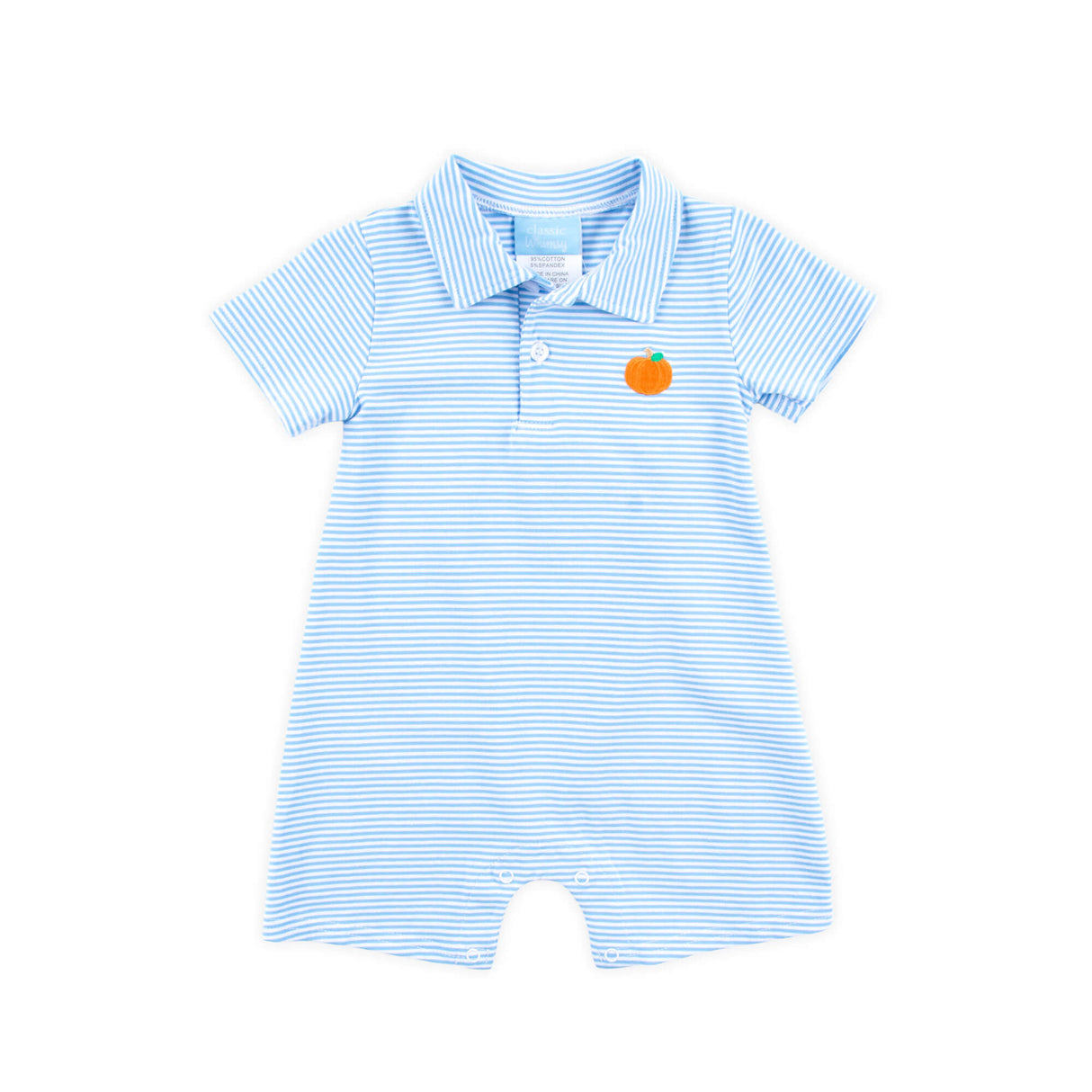 Pumpkin Embroidered Blue Stripe Polo Romper