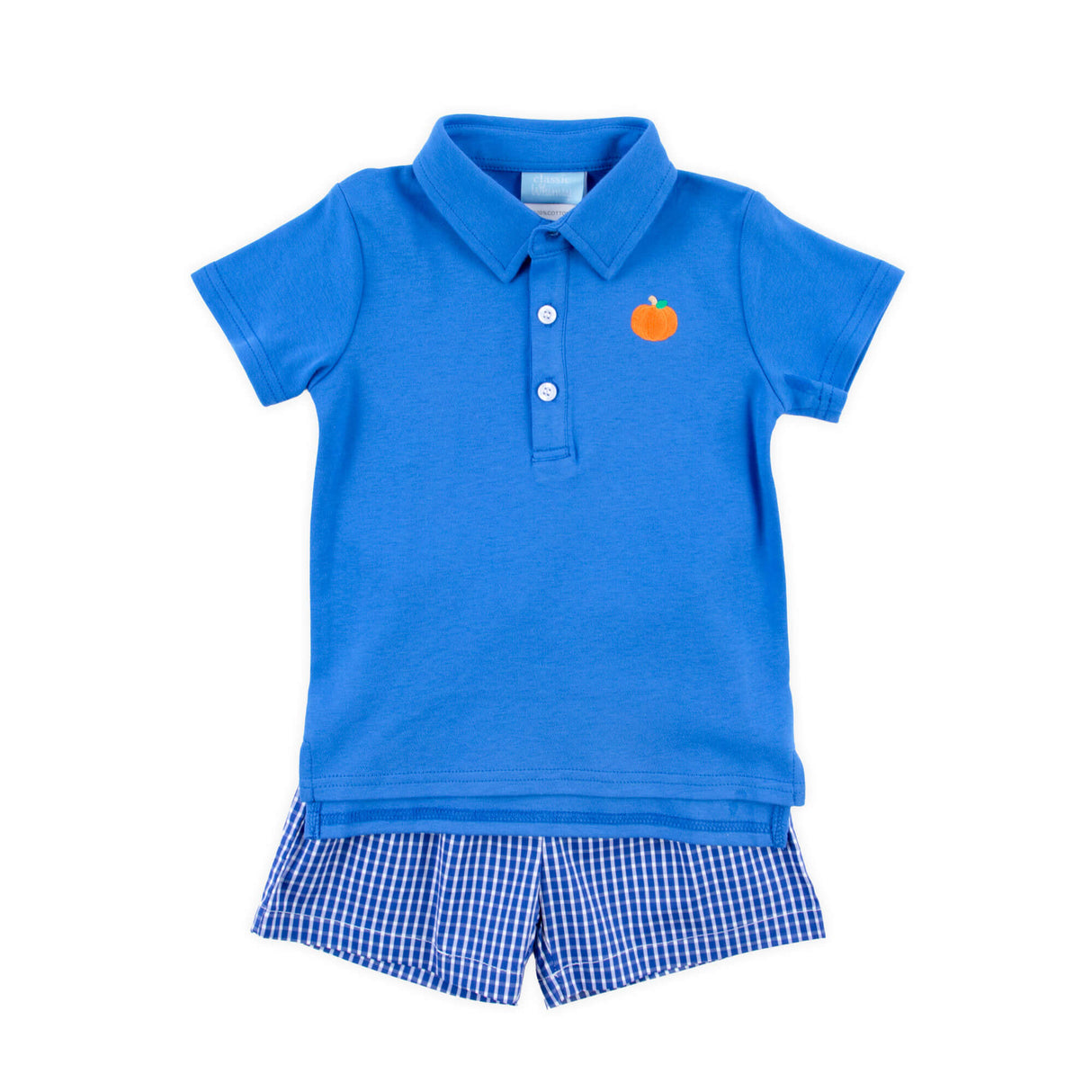 Adorable Pumpkin Royal Blue Windowpane Polo Short Set