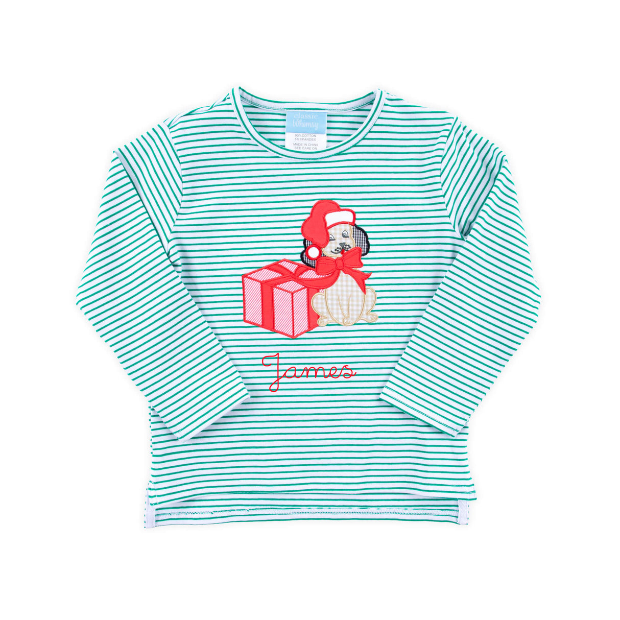 Christmas Puppy Green Stripe Long Sleeve Shirt