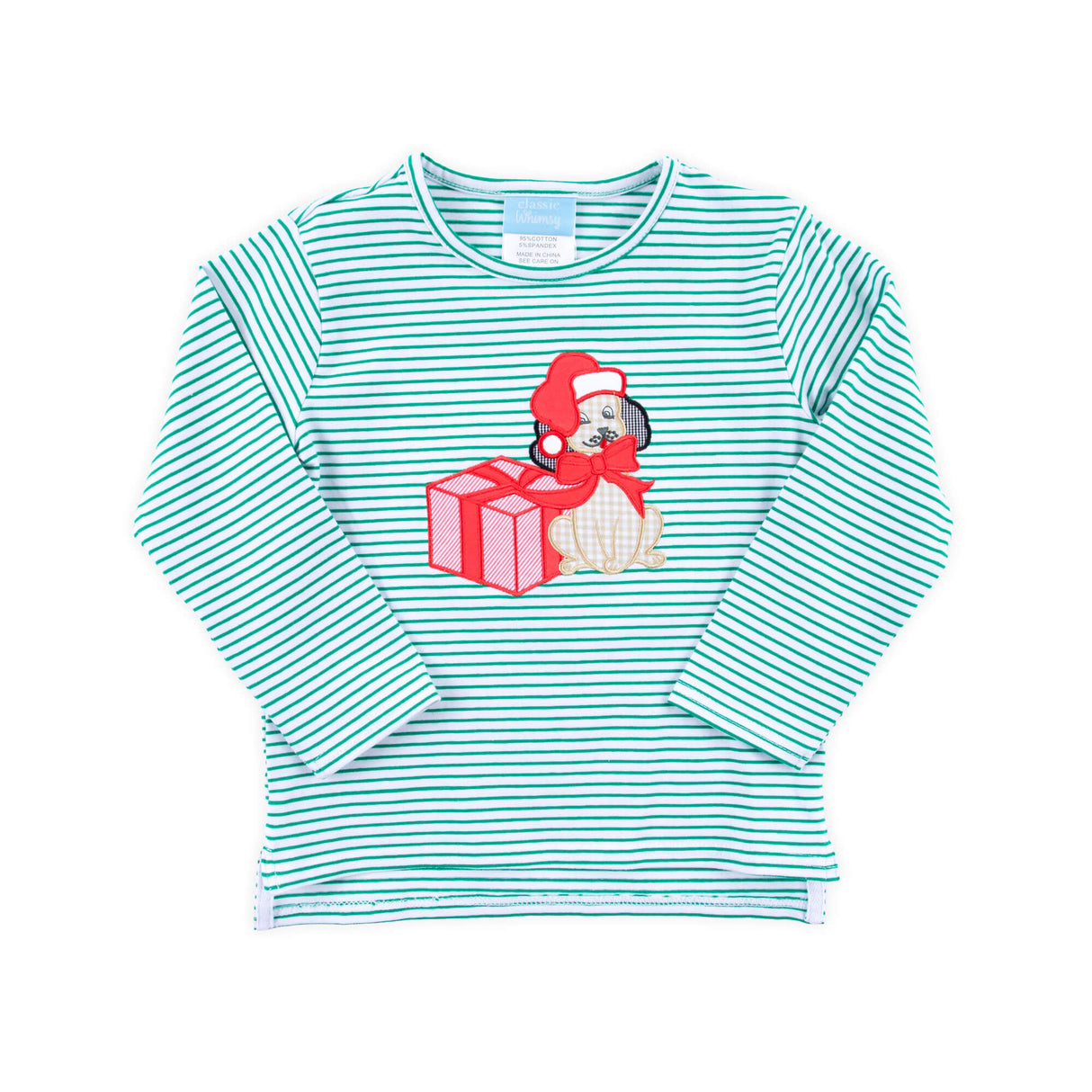 Christmas Puppy Green Stripe Long Sleeve Shirt