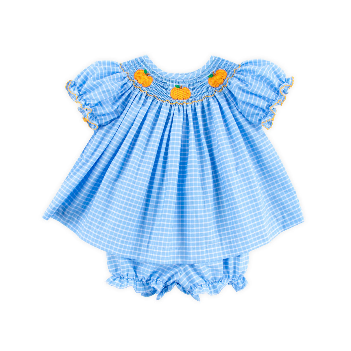 Pumpkin Trio Smocked French Blue Windowpane Bishop Bloomer Set