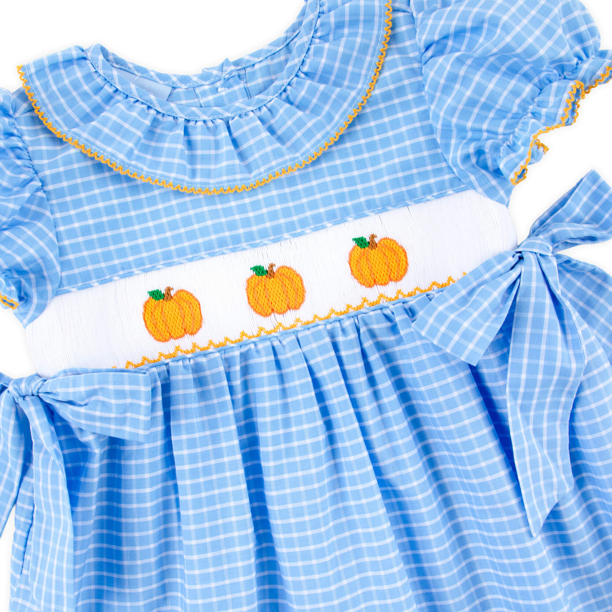 Pumpkin Trio Smocked French Blue Windowpane Beverly Dress