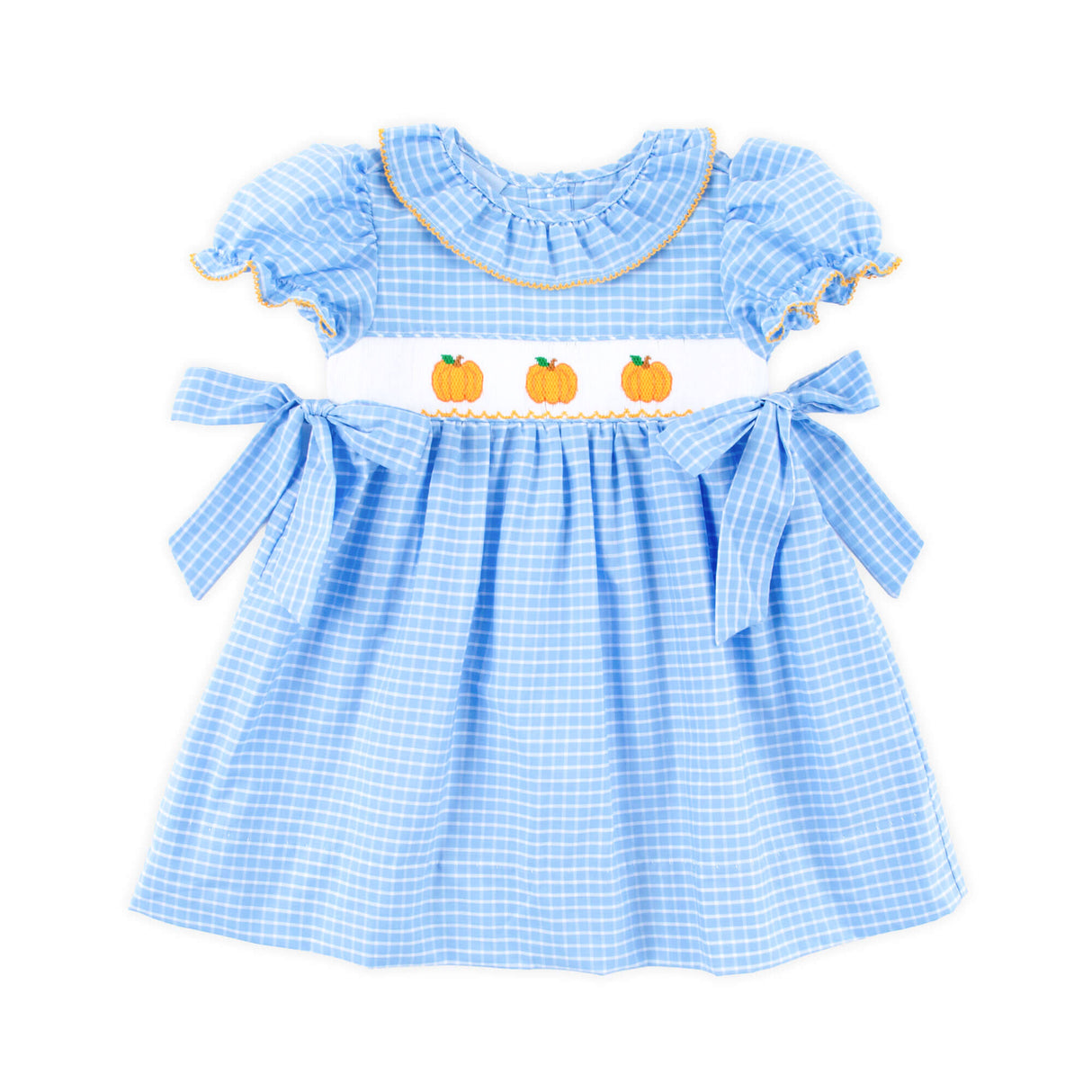 Pumpkin Trio Smocked French Blue Windowpane Beverly Dress