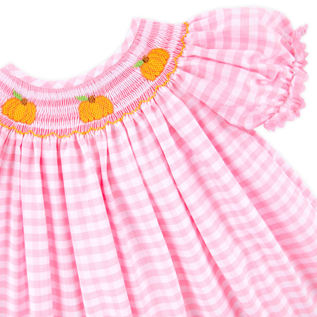Pumpkin Trio Smocked Pink Check Bishop Dress