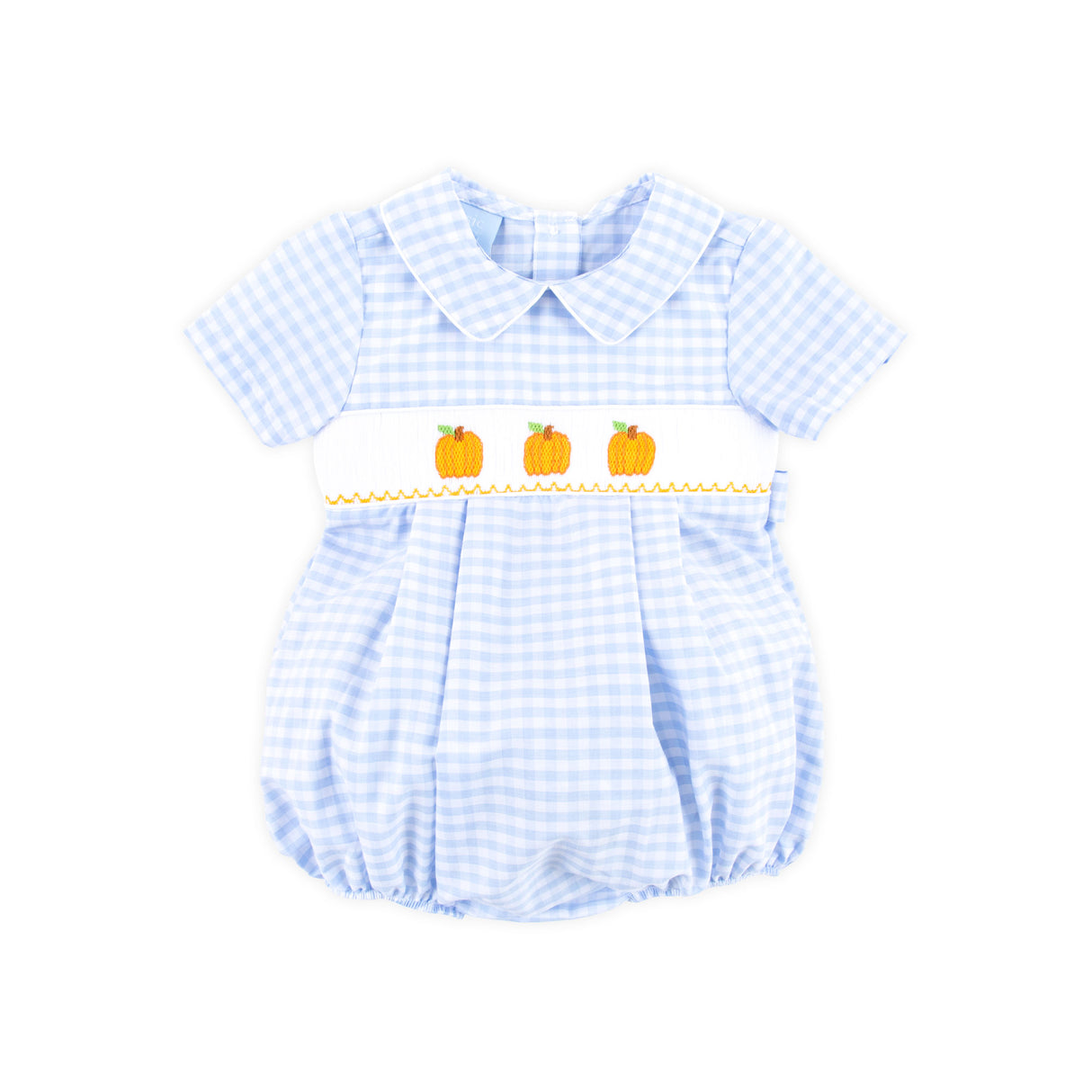 Pumpkin Trio Smocked Blue Check Collared Bubble