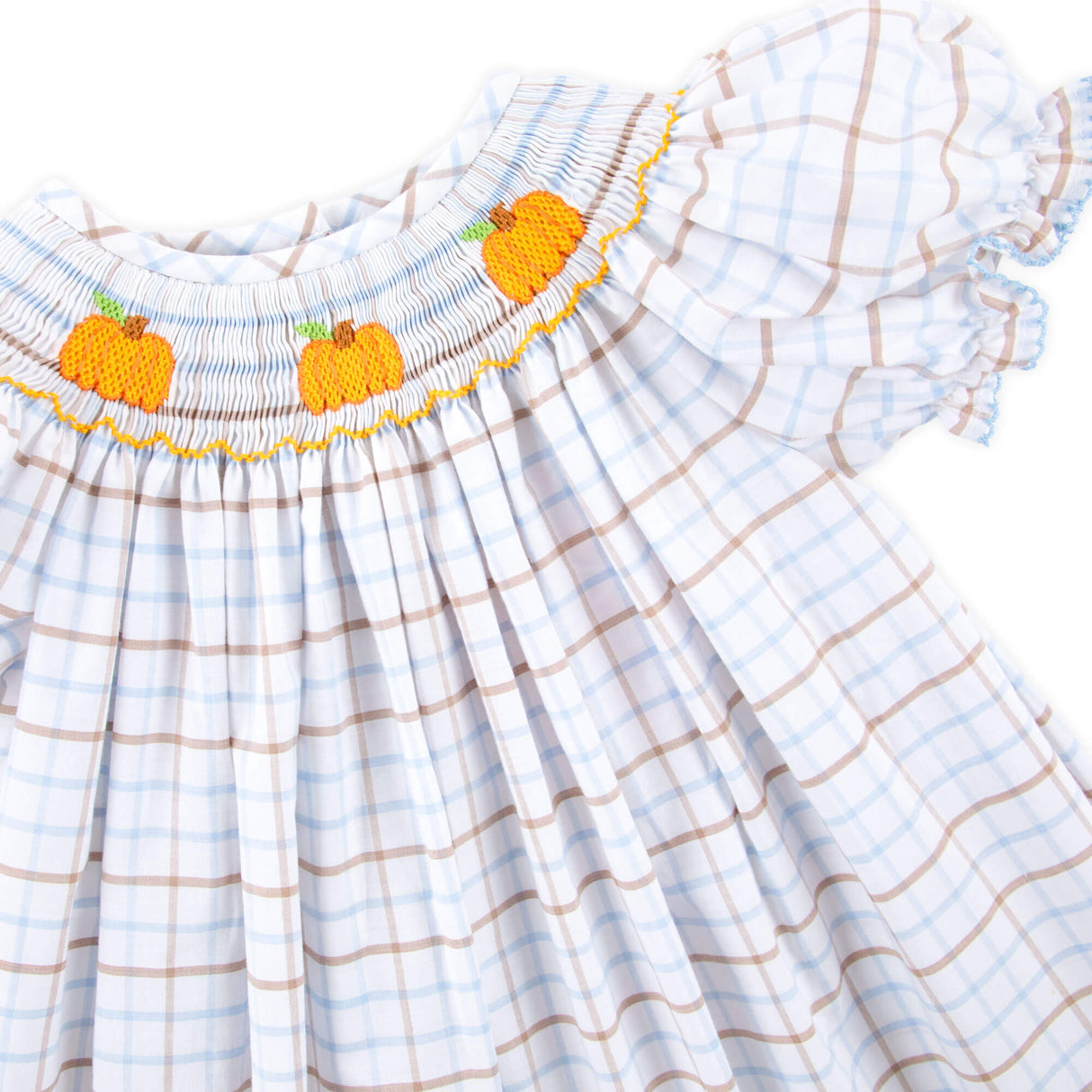 Pumpkin Smocked Blue & Tan Plaid Bishop Dress
