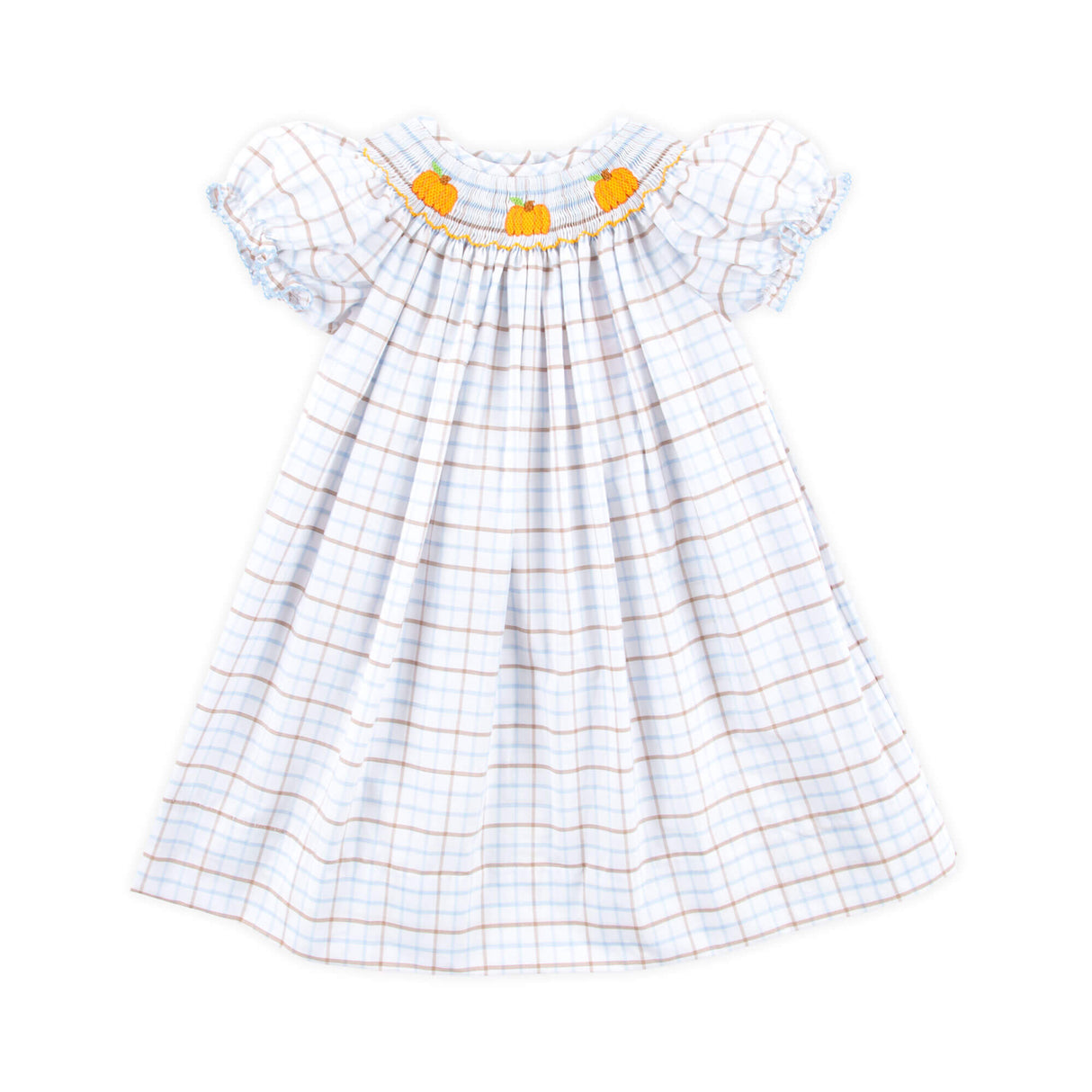 Pumpkin Smocked Blue & Tan Plaid Bishop Dress