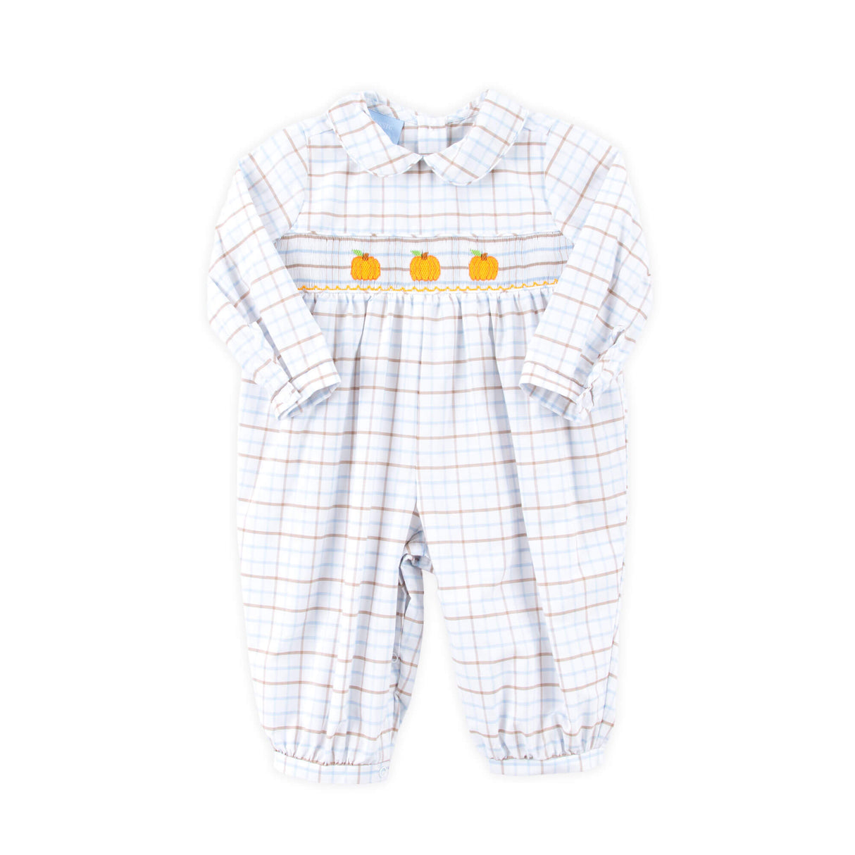 Pumpkin Smocked Blue & Tan Plaid Romper
