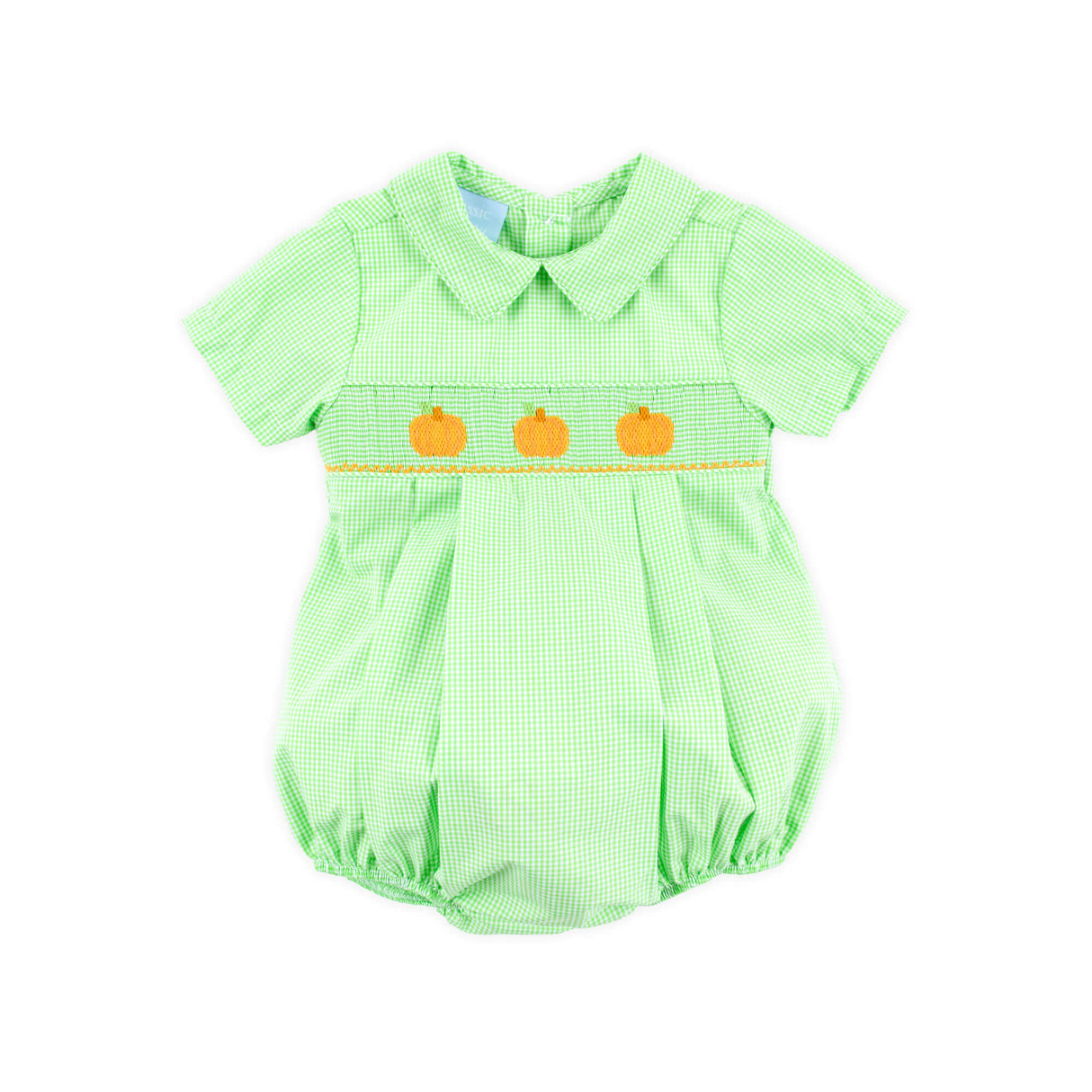 Cluster Pumpkin Smocked Lime Green Gingham Collared Bubble