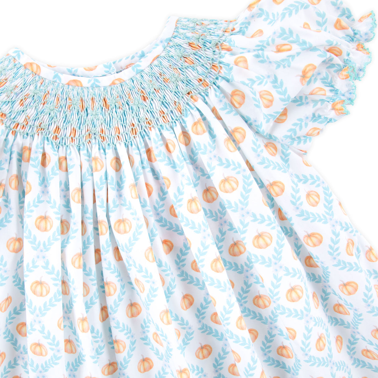 Pumpkin Trellis Smocked Blue Bishop Dress