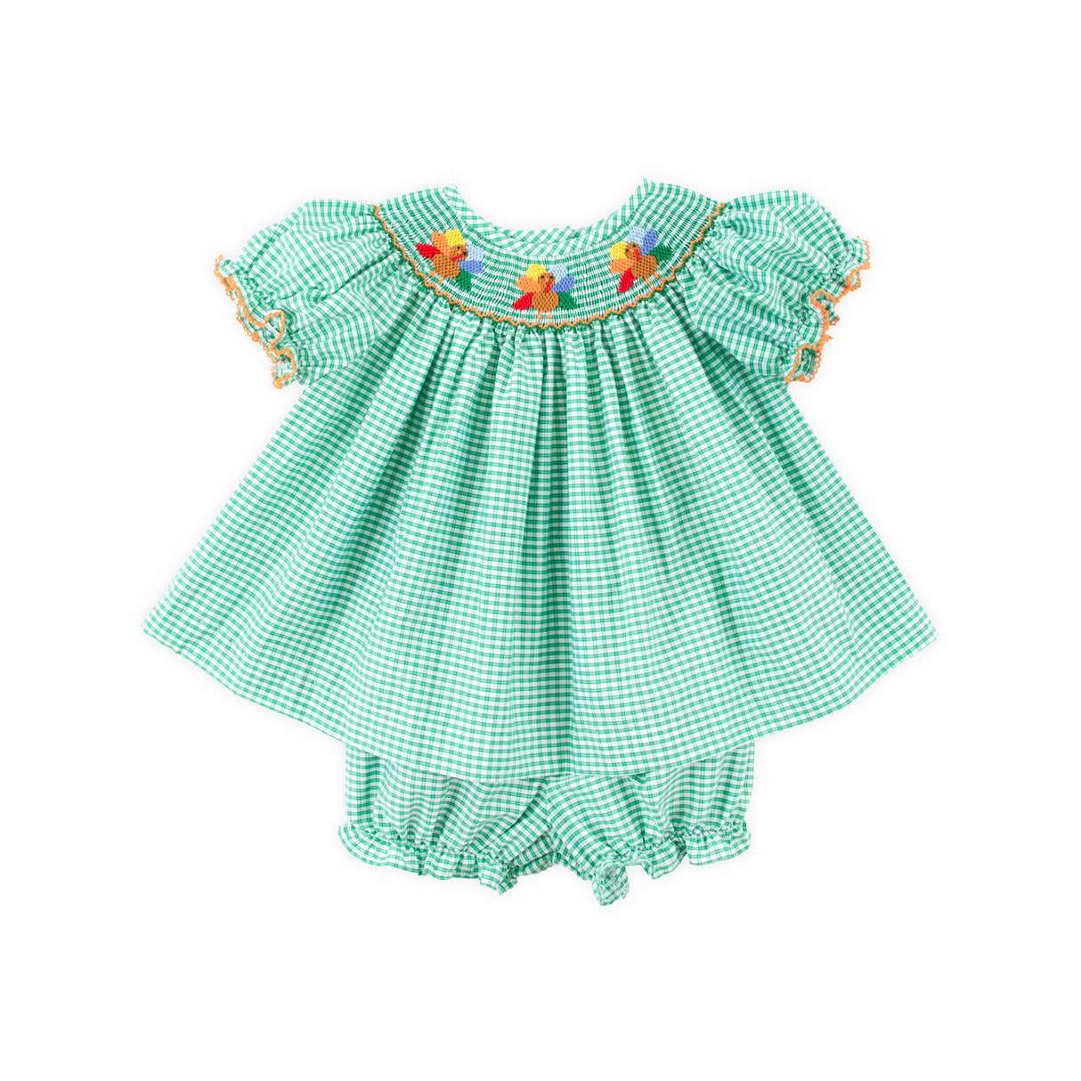 Fall Turkey Smocked Green Windowpane Bishop Bloomer Set