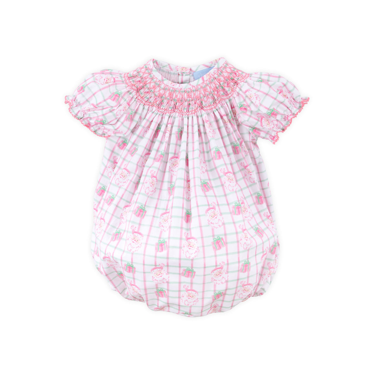 Santa's Present Pink Plaid Smocked Bishop Bubble