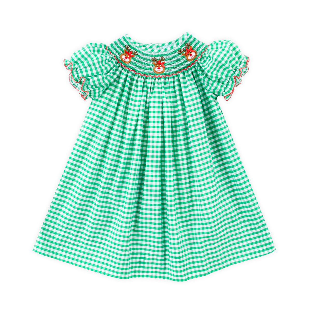 Reindeer Smocked Green Gingham Bishop Dress