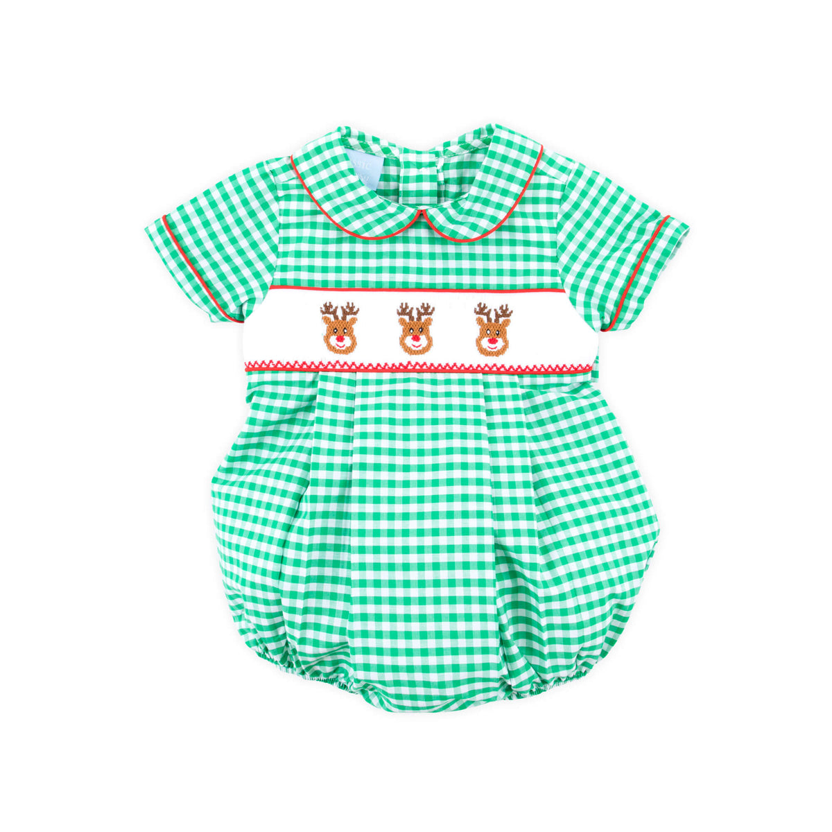 Reindeer Smocked Green Gingham Collared Bubble