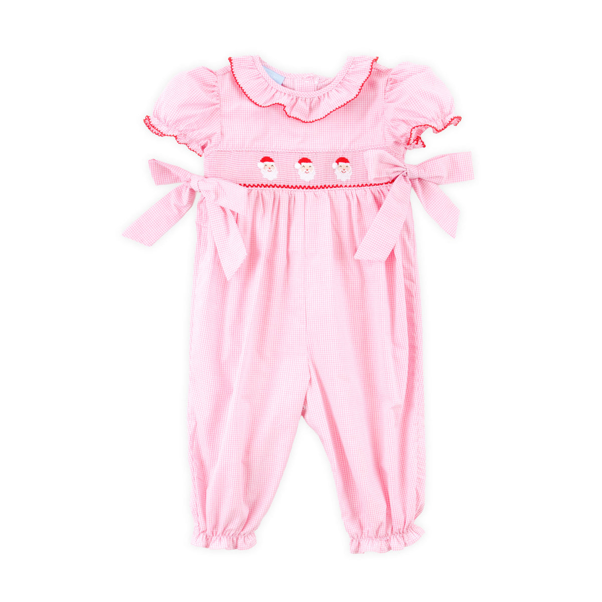 Happy Santa Smocked Pink Gingham Beverly Long Bubble