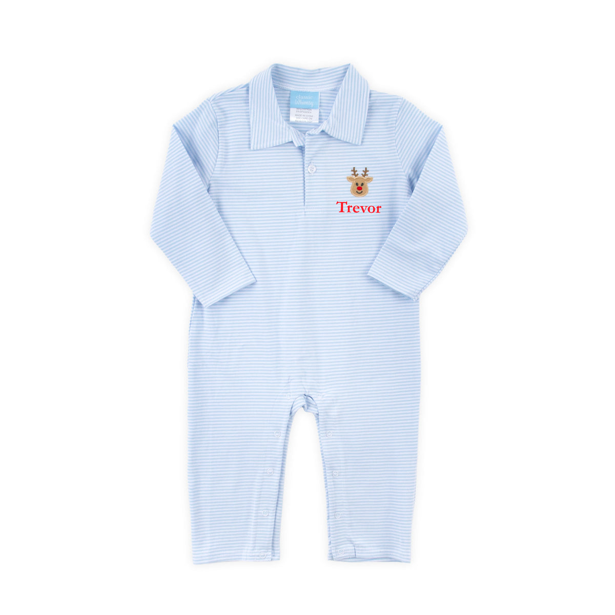 Reindeer Light Blue Stripe Polo Romper