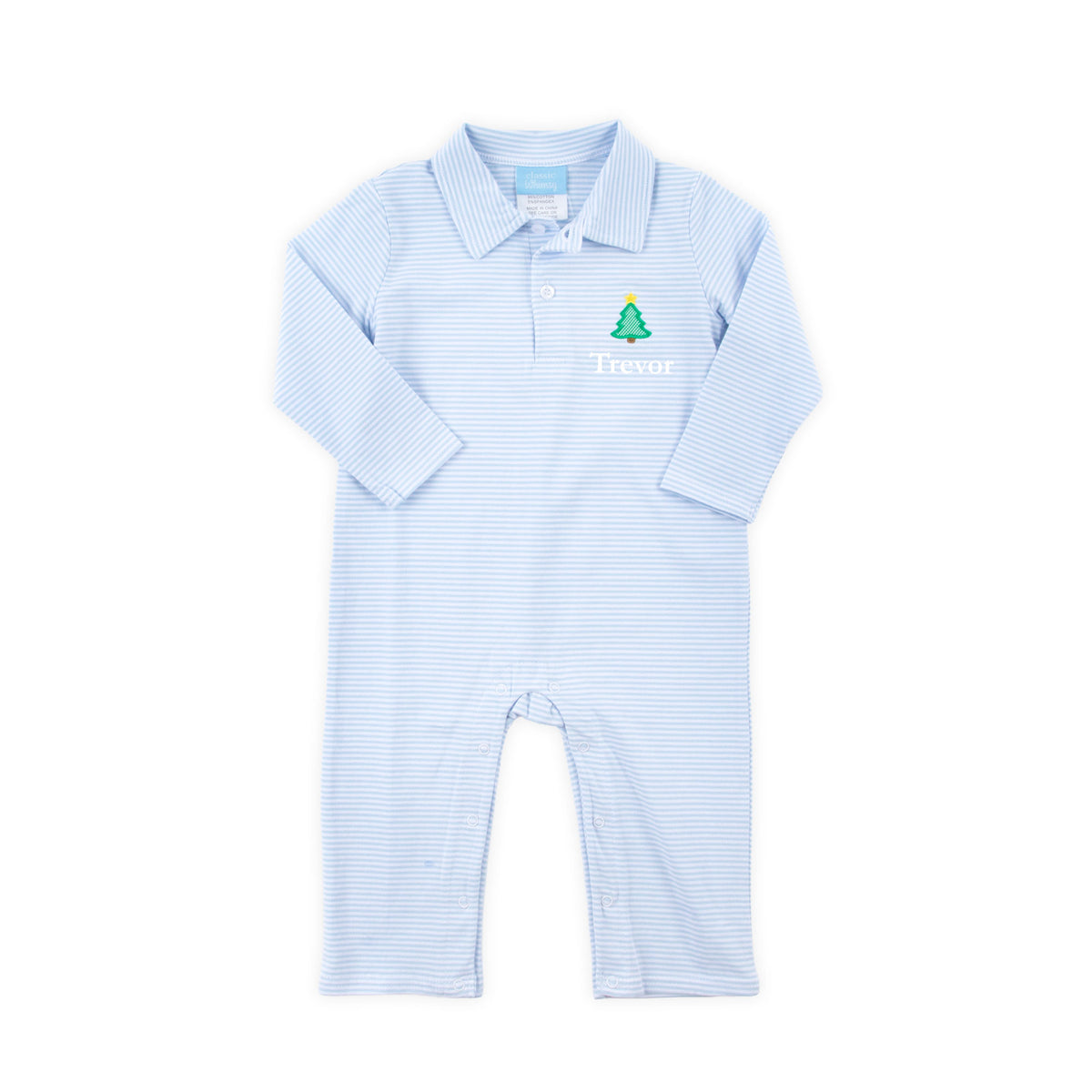 Christmas Tree Light Blue Stripe Polo Romper