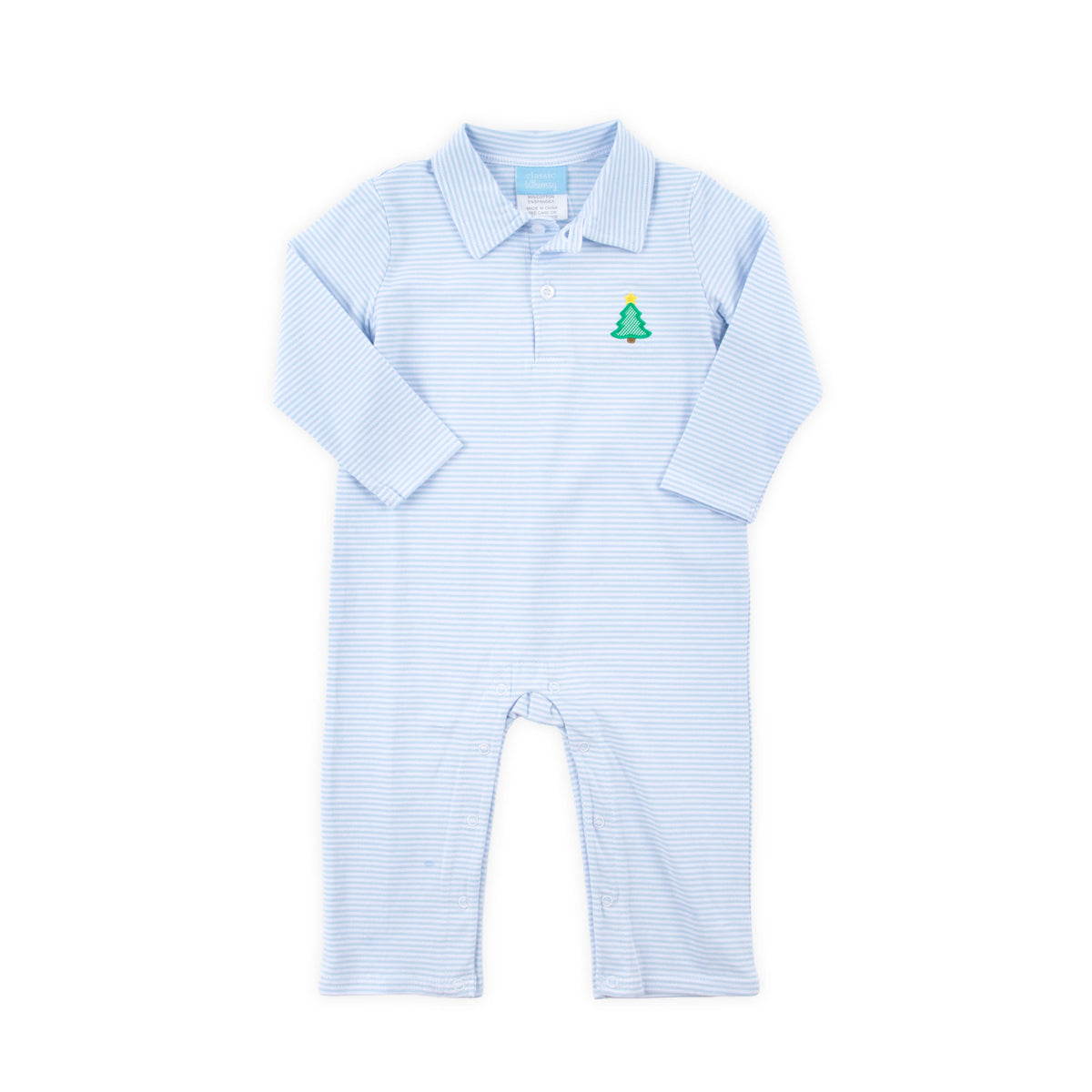 Christmas Tree Light Blue Stripe Polo Romper