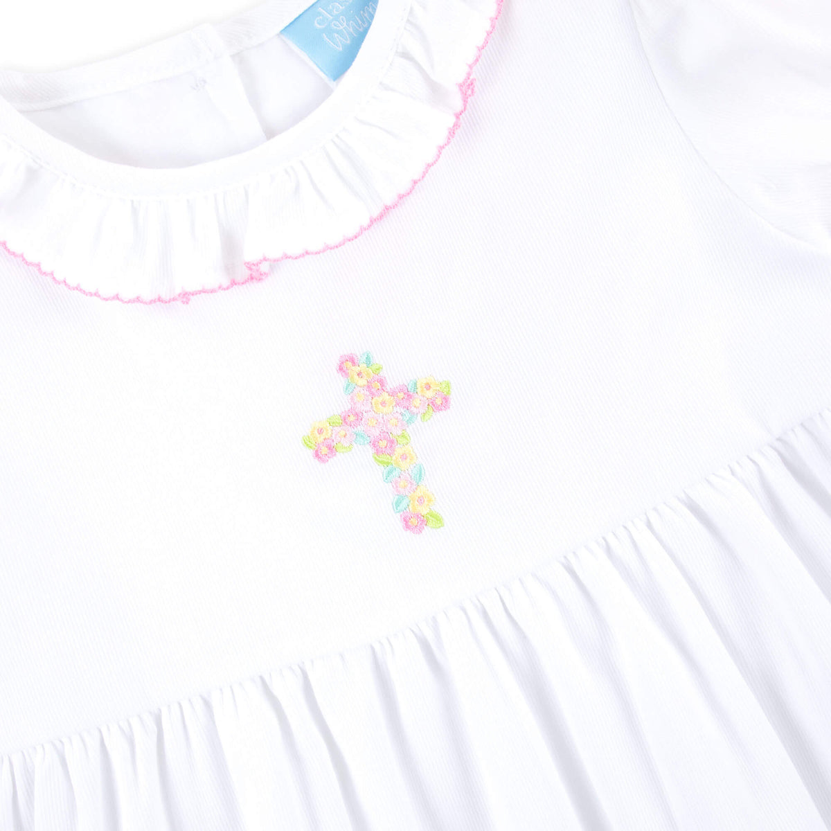 Cross Floral Embroidered White Collared Dress