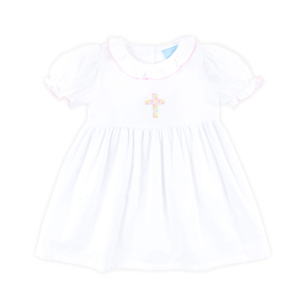 Cross Floral Embroidered White Collared Dress
