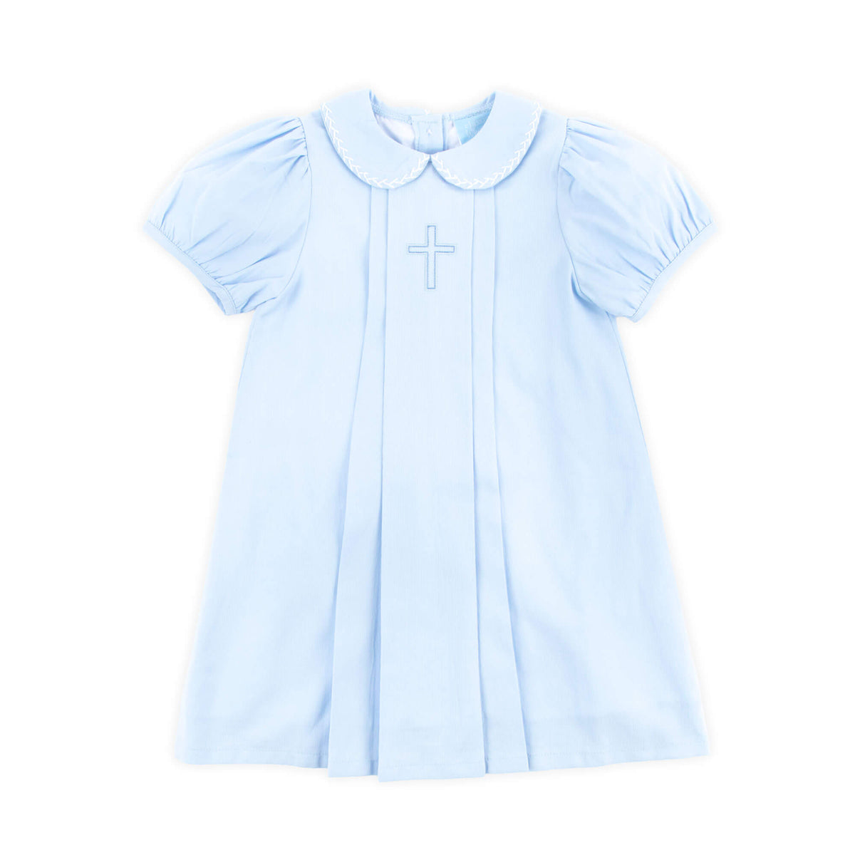 Cross Embroidered Light Blue Pleated Dress