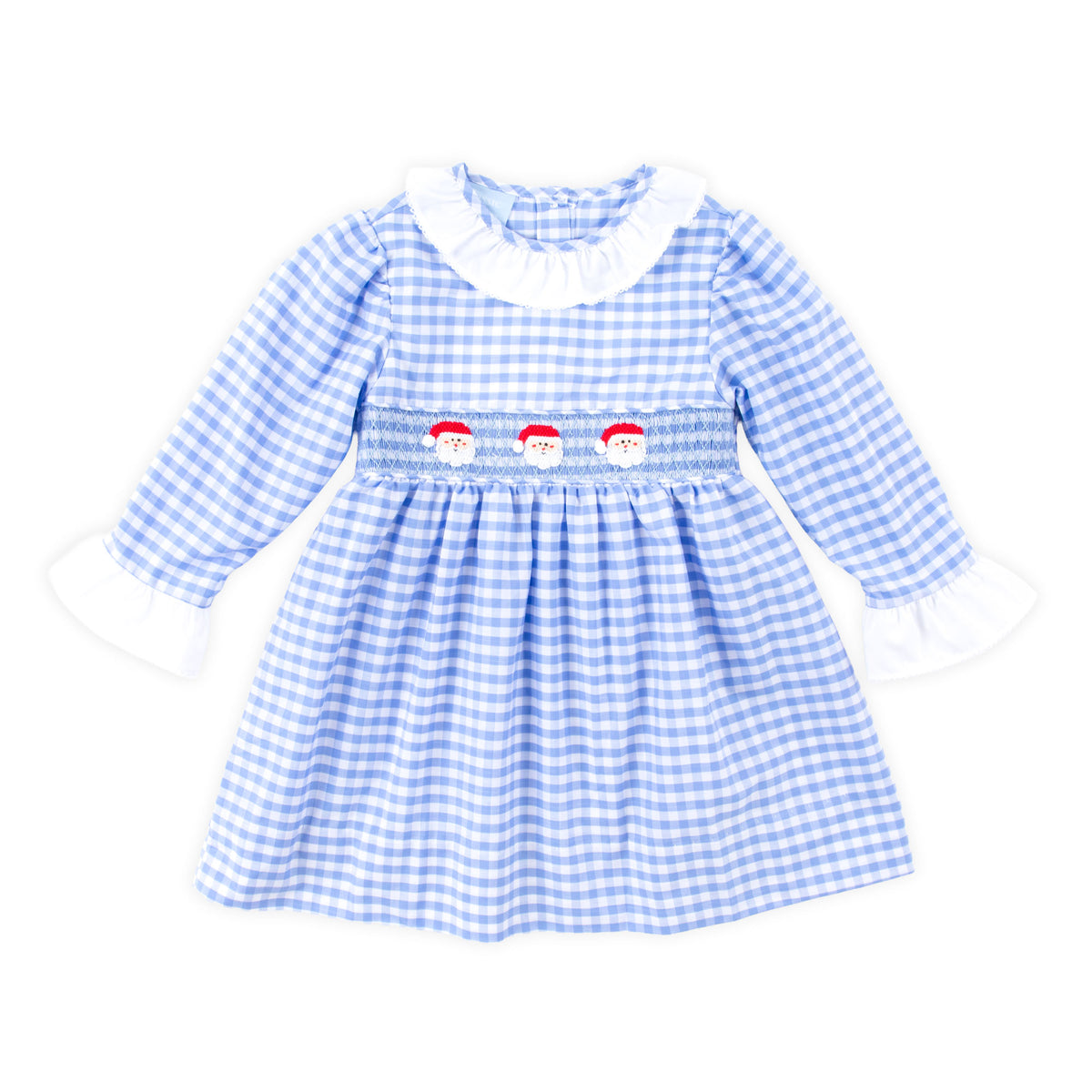 Happy Santa Smocked Blue Gingham Long Sleeve Dress