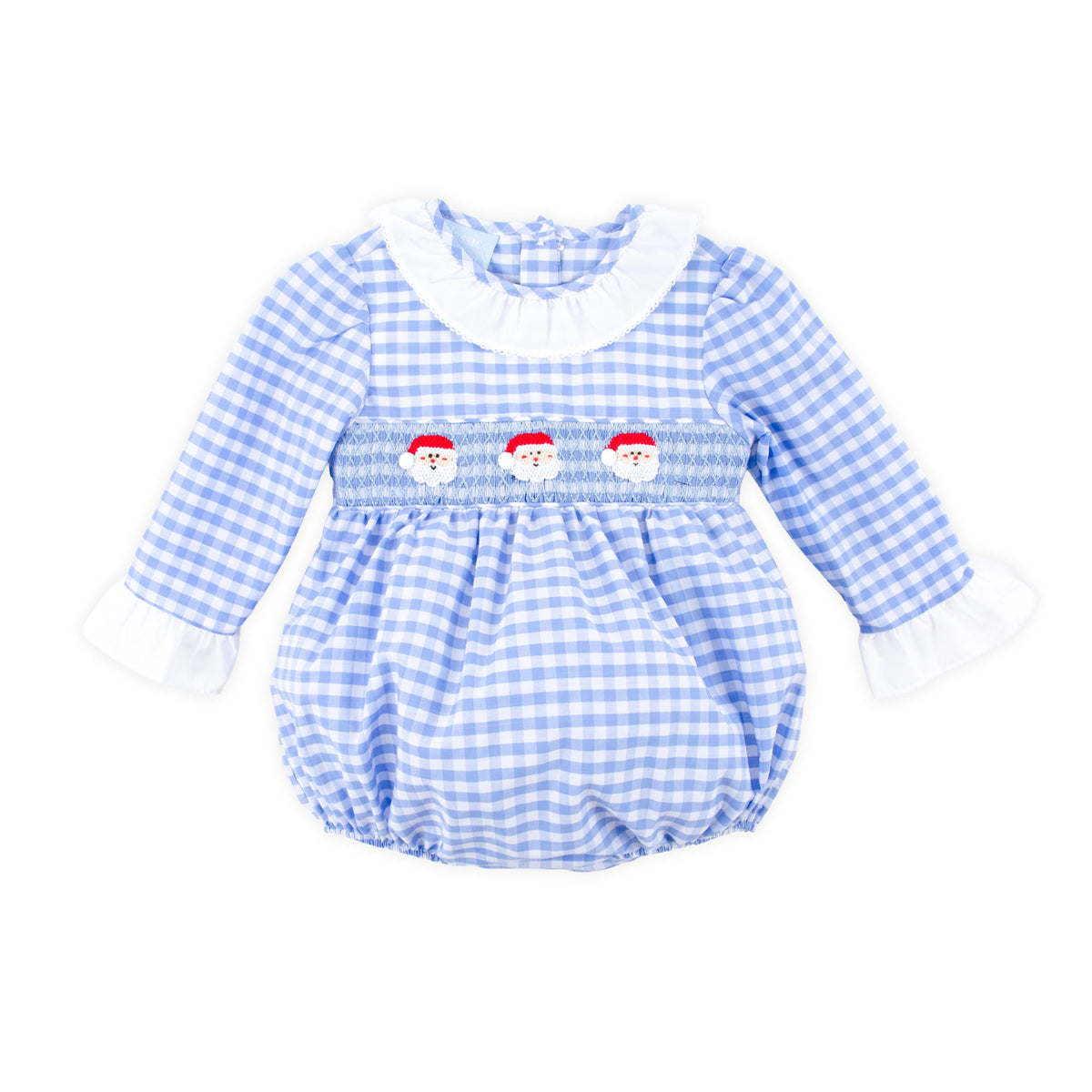 Happy Santa Smocked Blue Gingham Long Sleeve Bubble