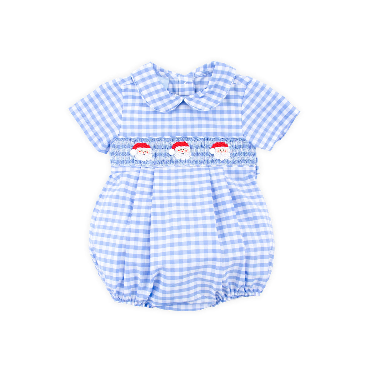 Happy Santa Smocked Blue Gingham Collared Bubble